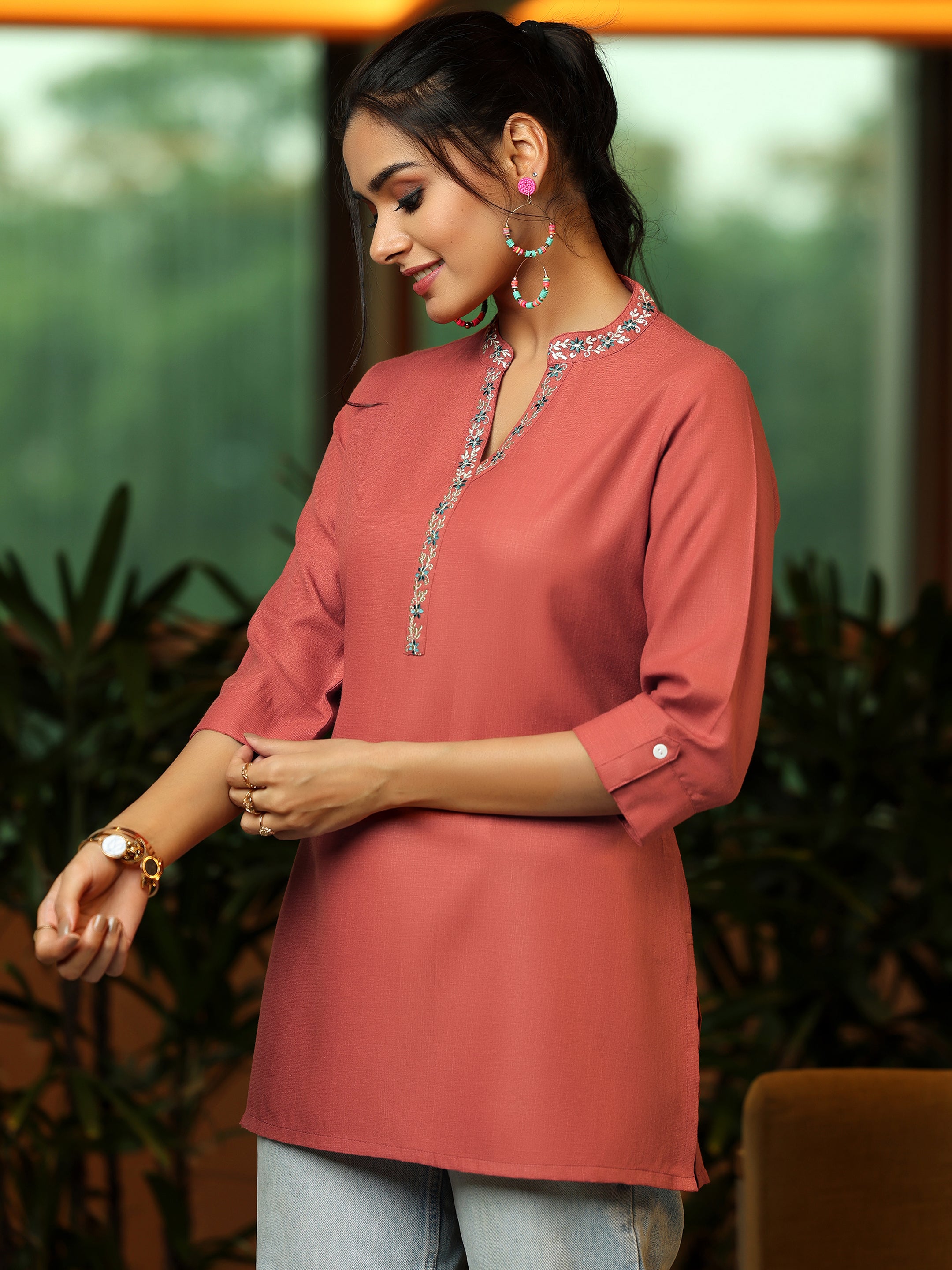 Rust Solid Cotton Blend Straight Kurti