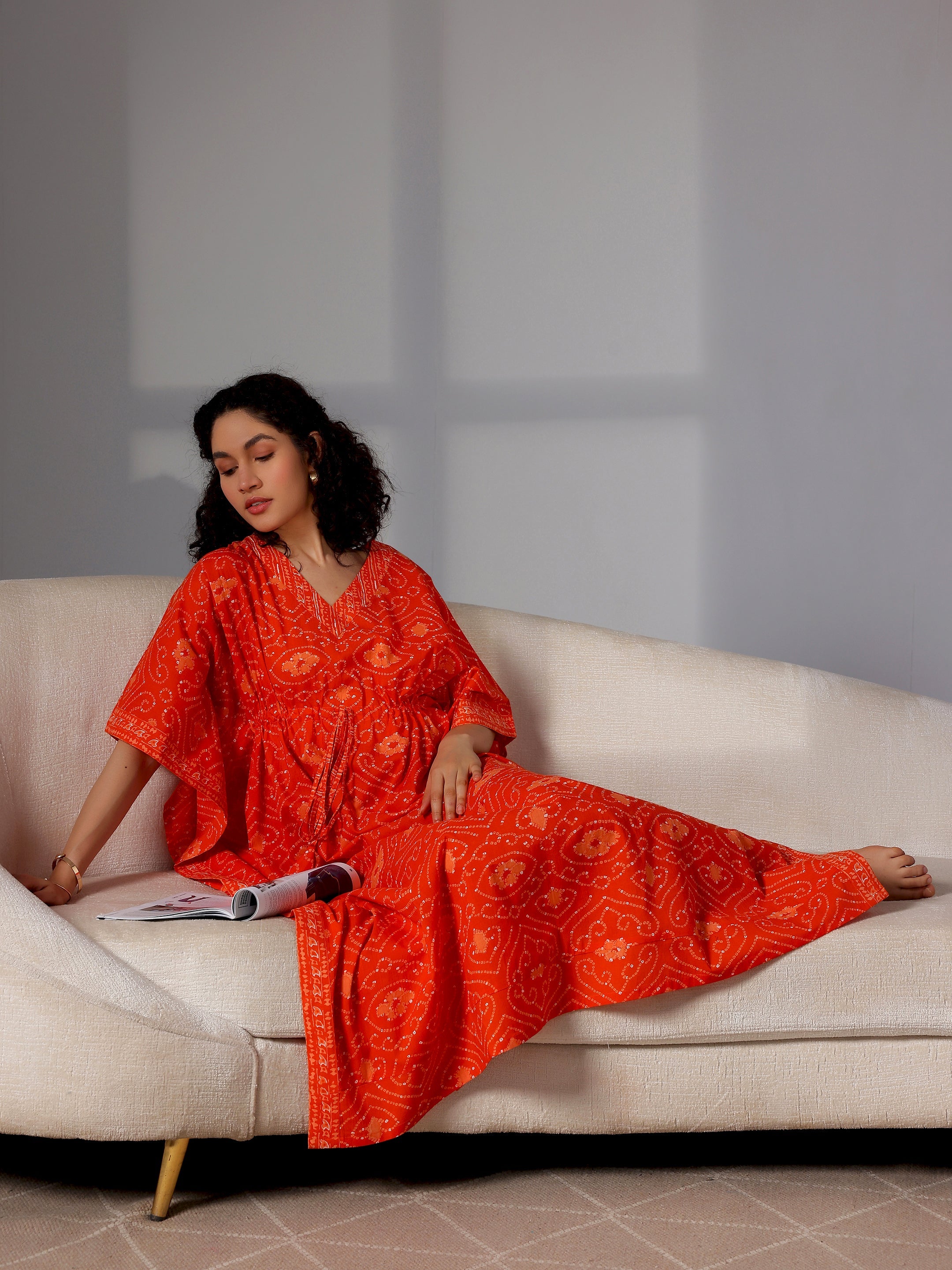 Orange Printed Cotton Kaftan Night Dress