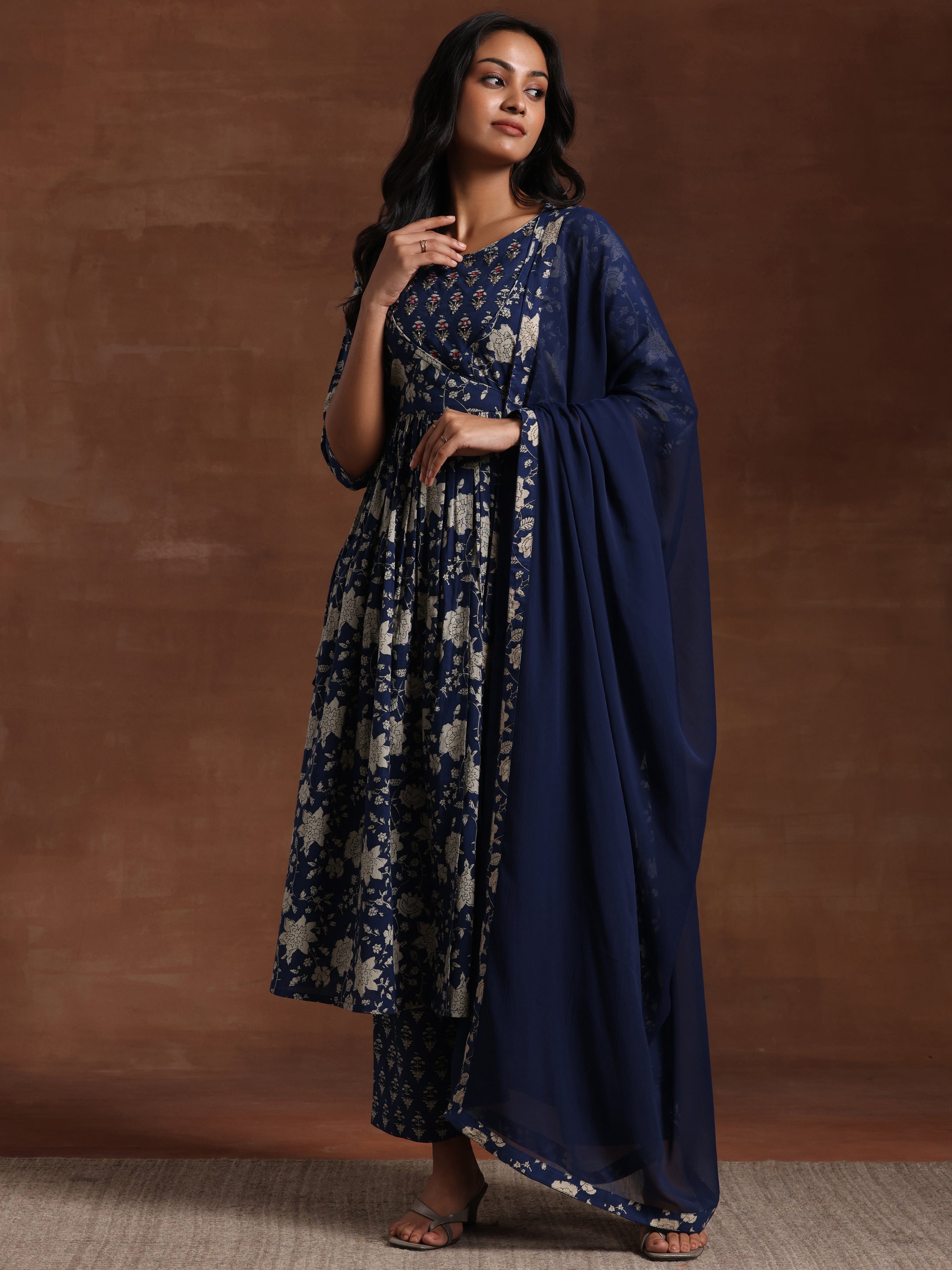 Blue Printed Pure Cotton Anarkali Suit With Dupatta