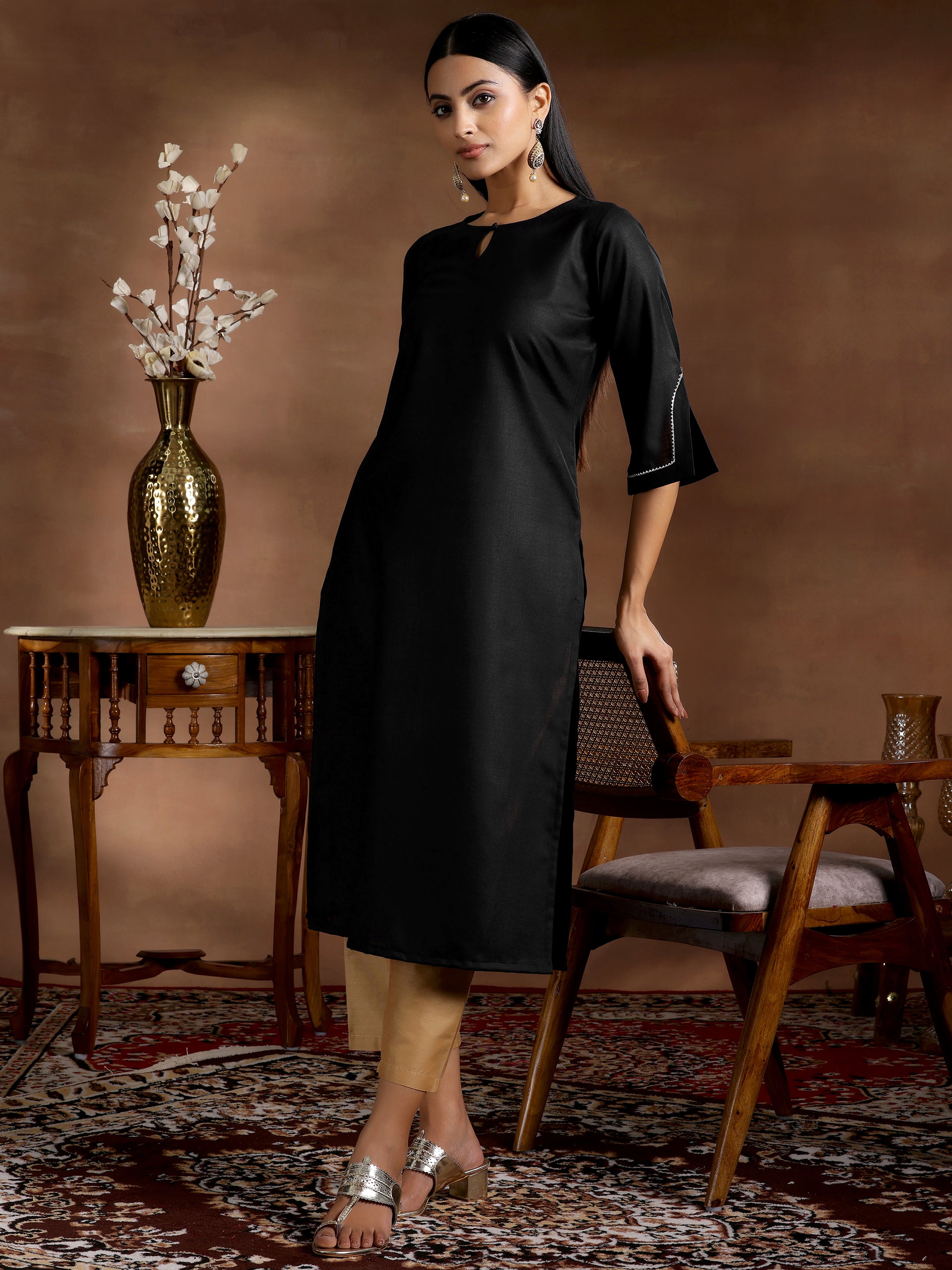 Black Solid Silk Straight Kurta