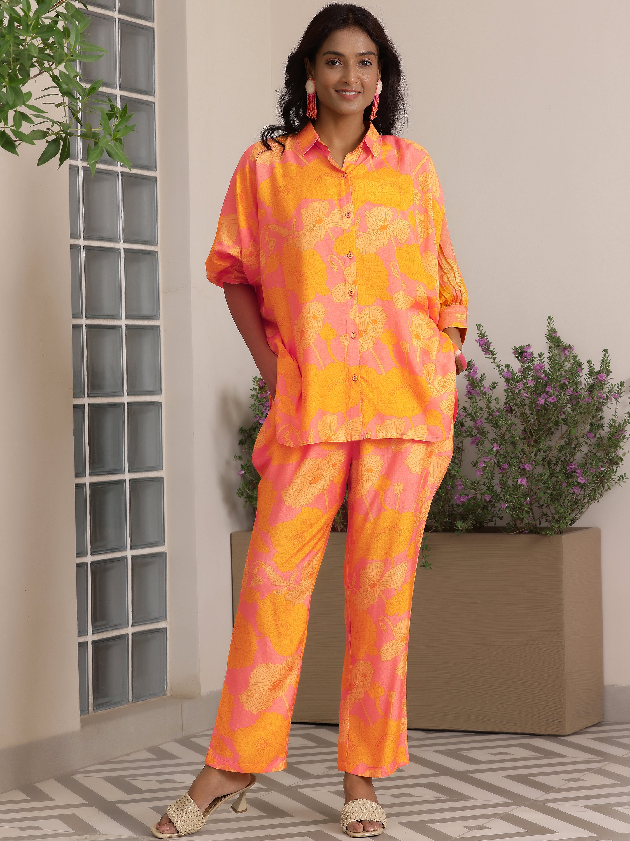 Orange Printed Silk Blend Co-Ords