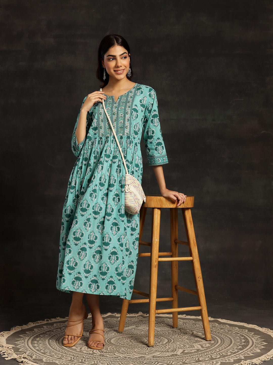 Sea Green Printed Cotton Fit and Flare Dress - ShopLibas