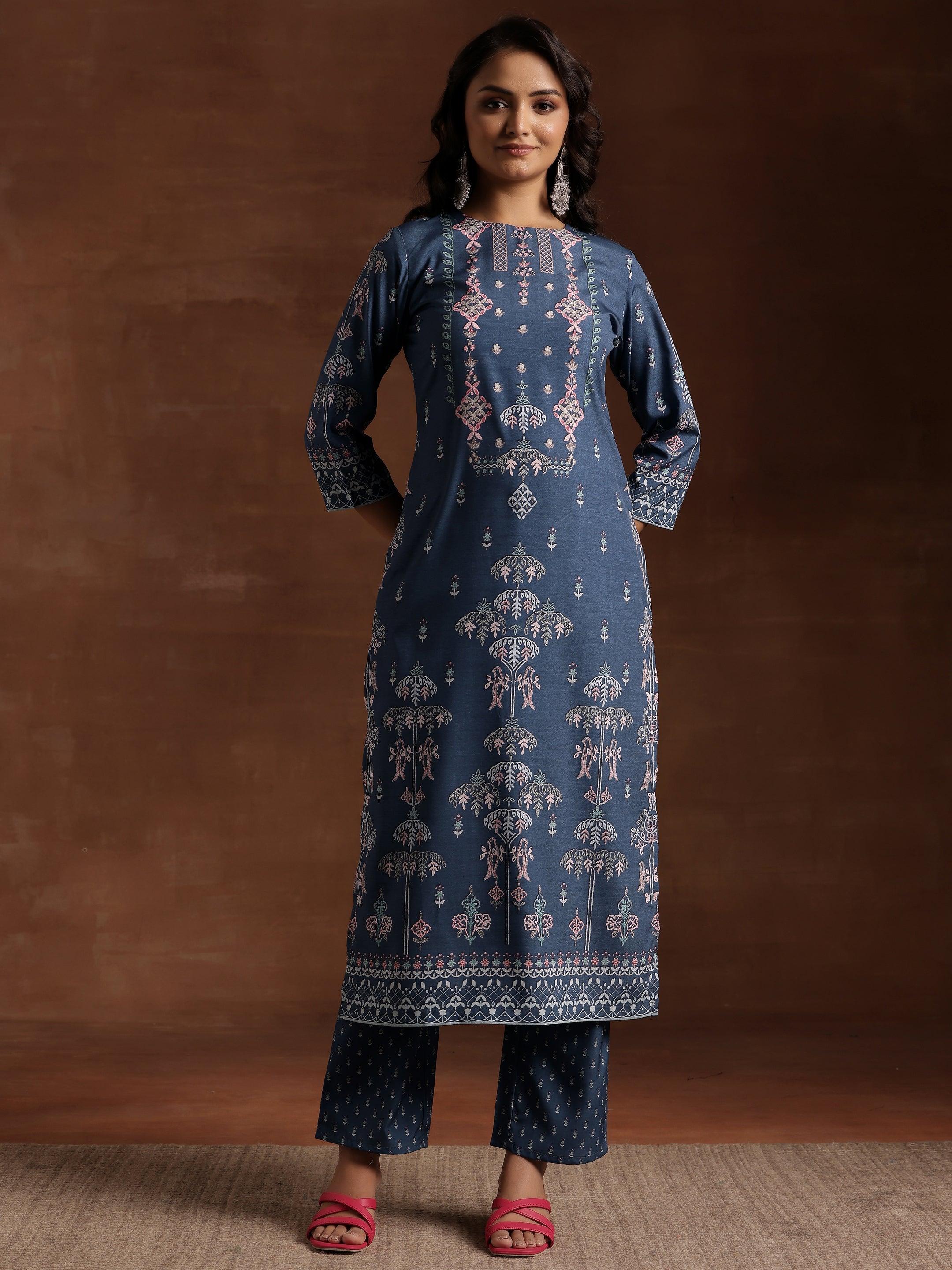 Grey Printed Crepe Straight Kurta Set