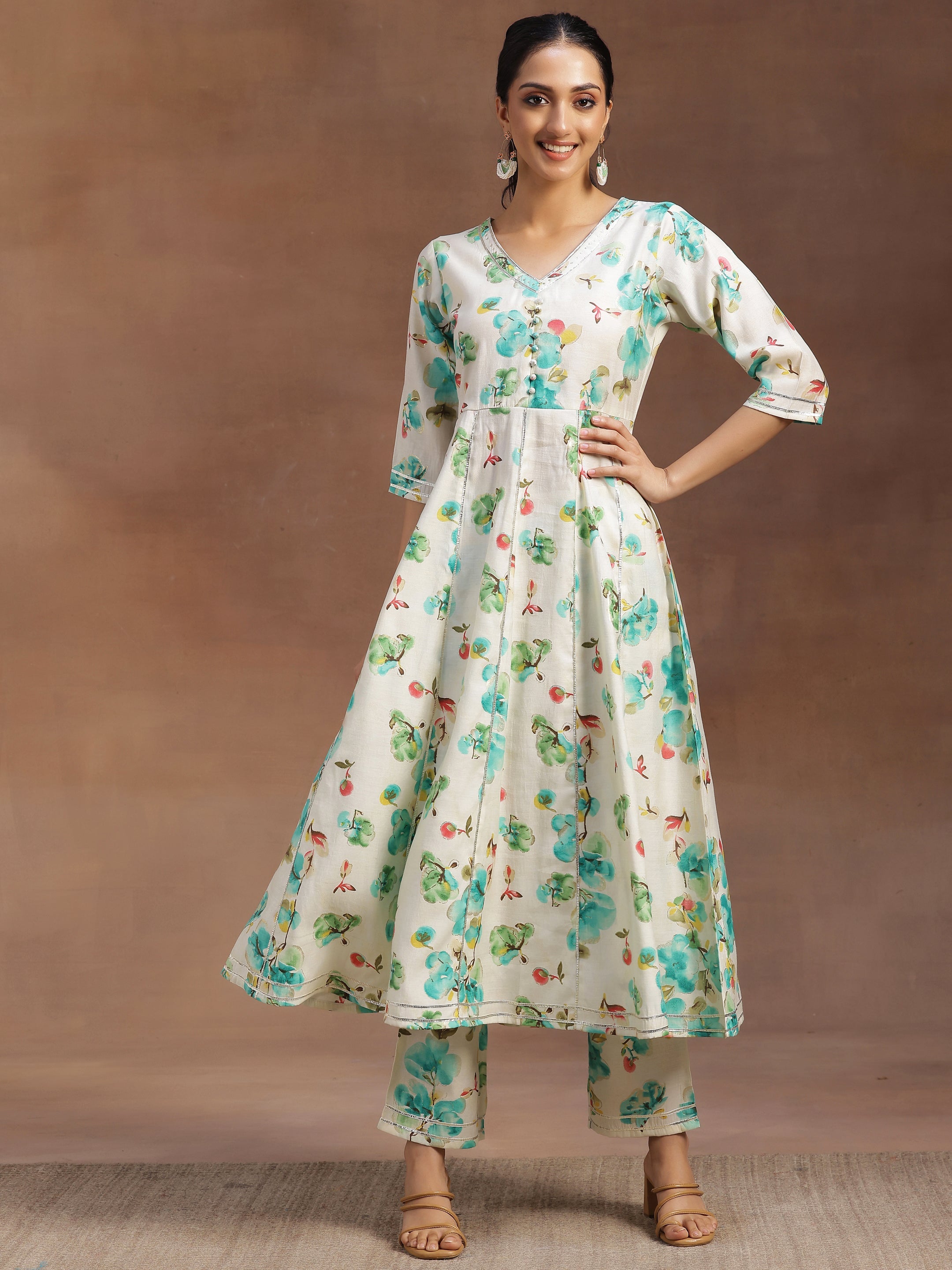 Off white Printed Silk Blend Anarkali Kurta With Trousers