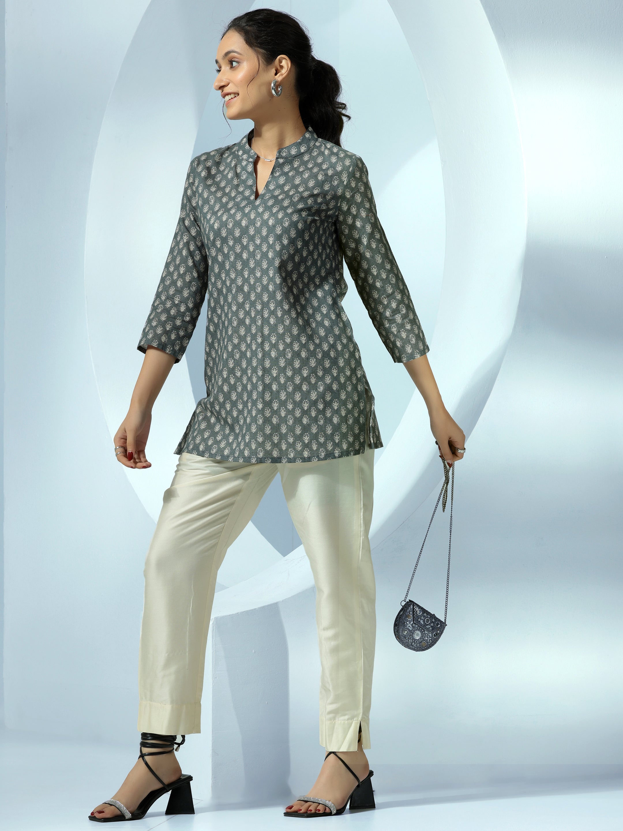 Grey Printed Linen Straight Kurti