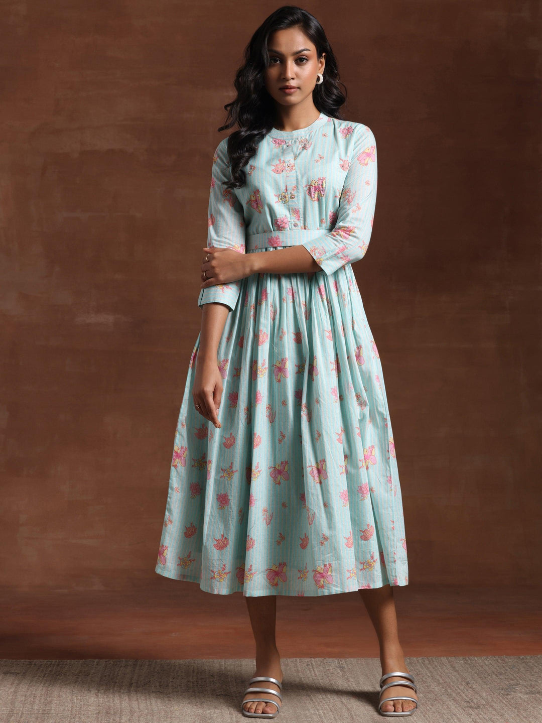 Sea Green Printed Cotton Fit and Flare Dress