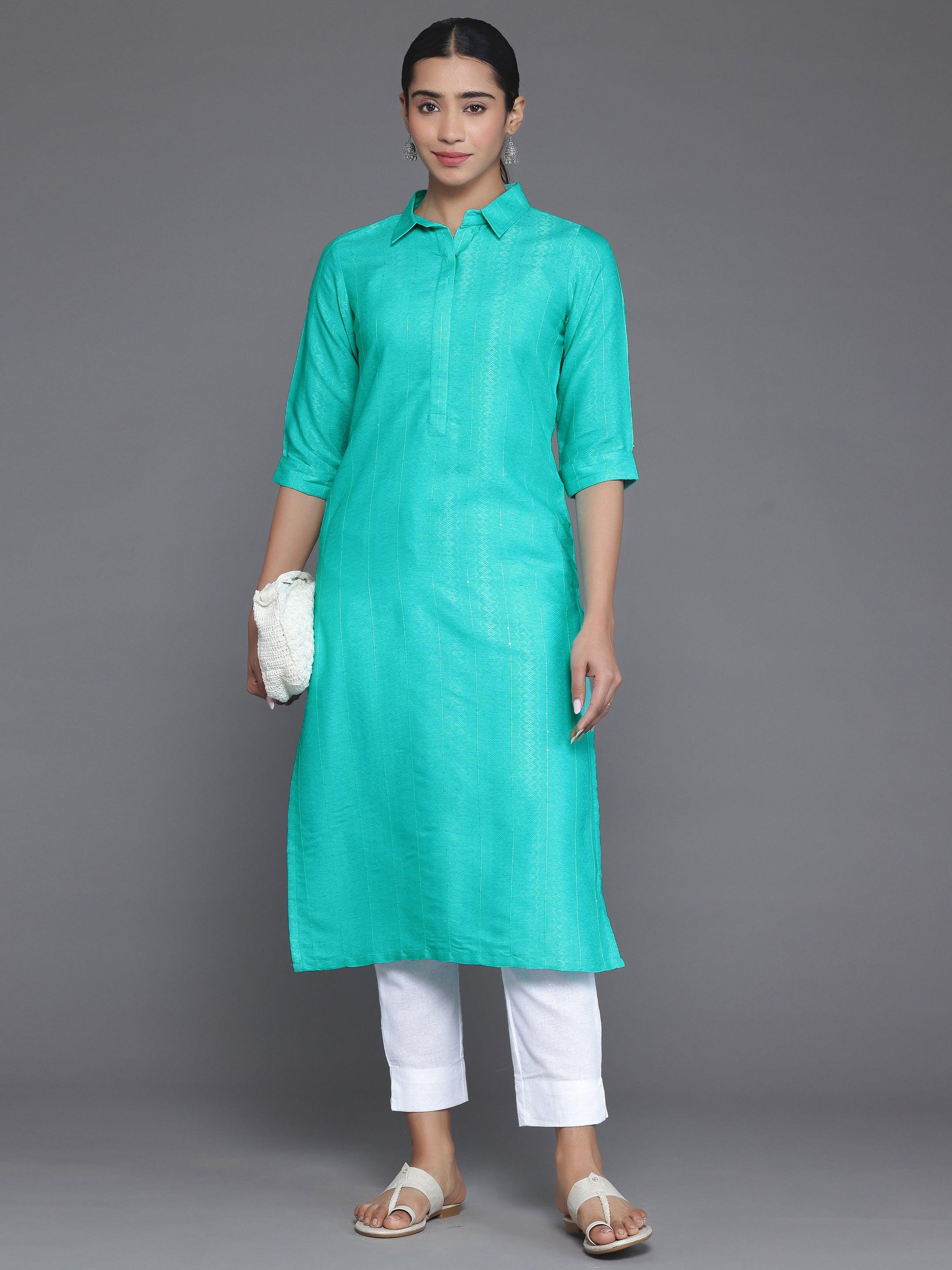 Blue Woven Design Cotton Straight Kurta