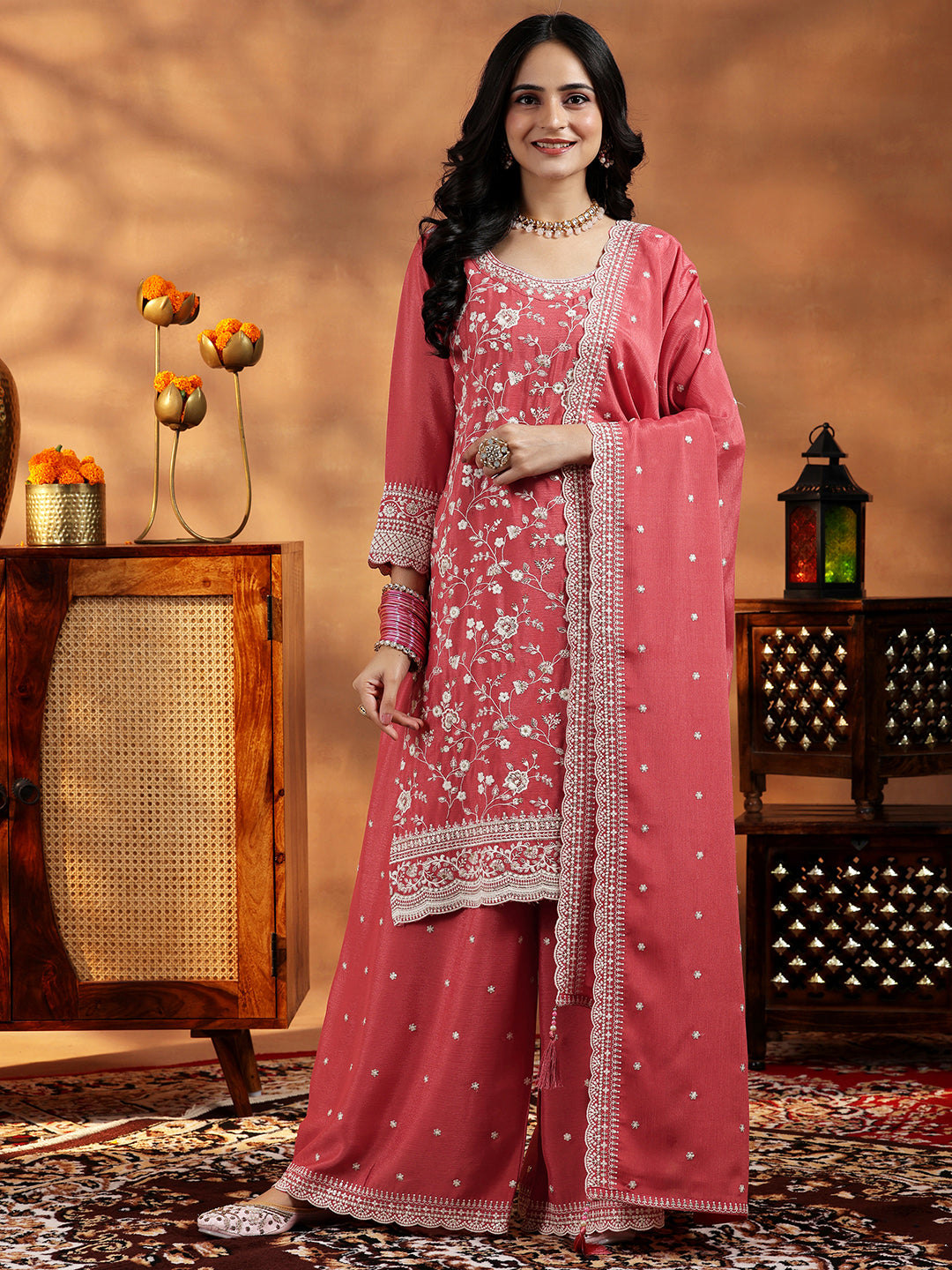 Coral Embroidered Silk Blend Straight Suit With Dupatta