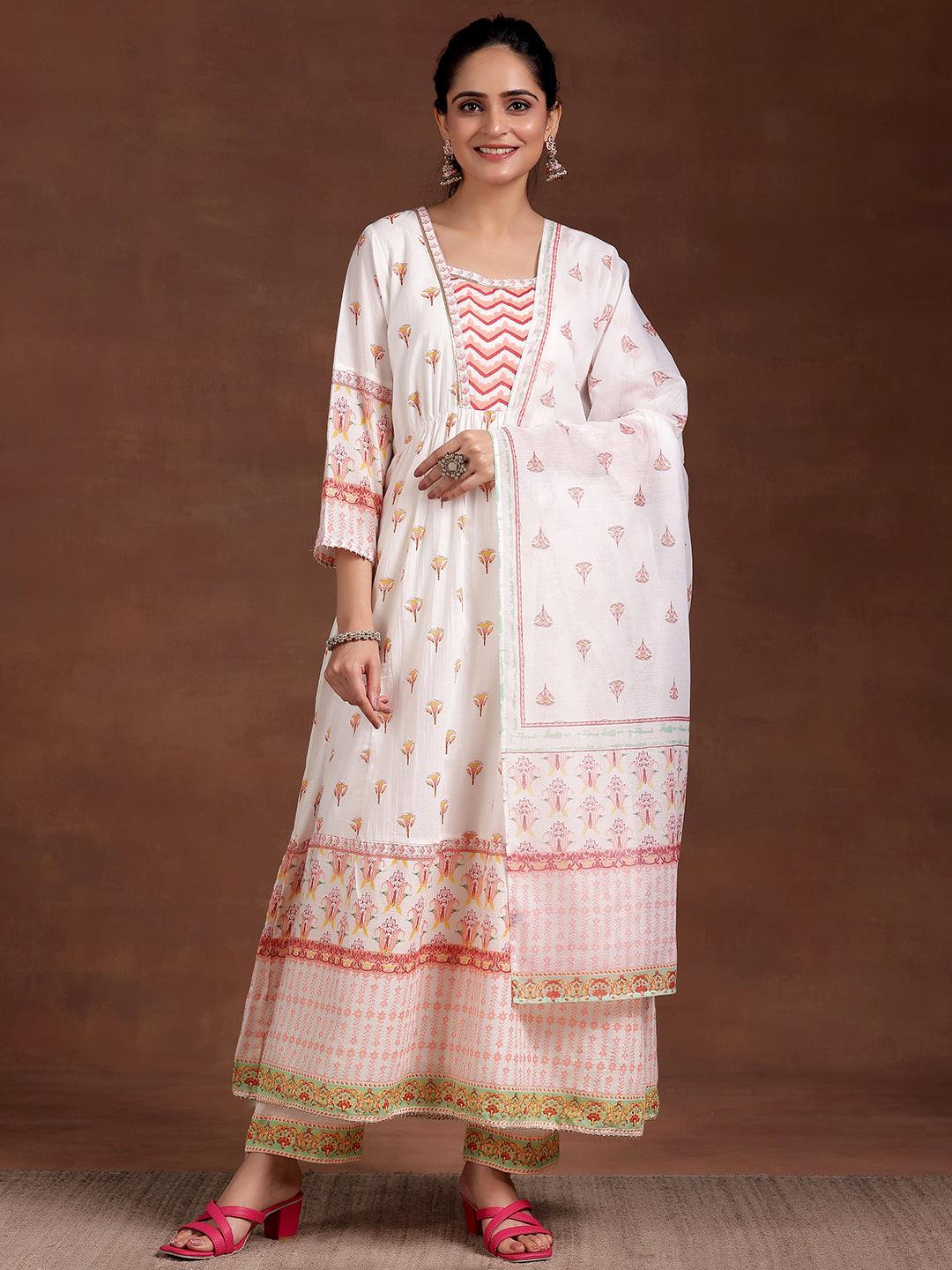 Off White Printed Cotton Anarkali Suit With Dupatta