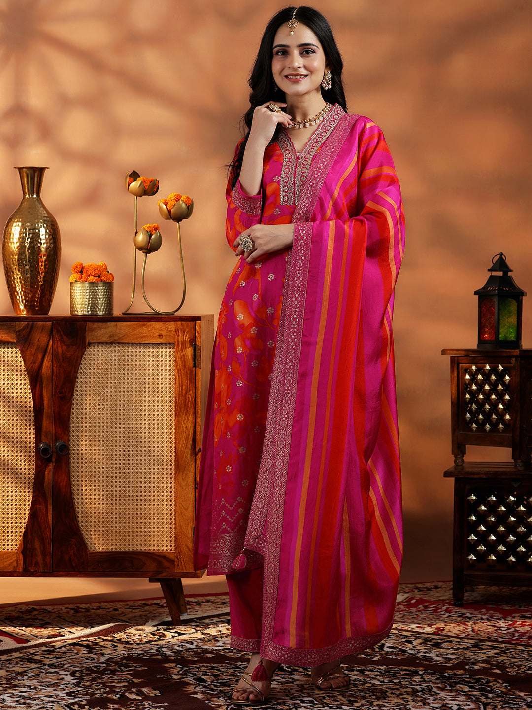 Pink Printed Silk Blend Straight Suit With Dupatta