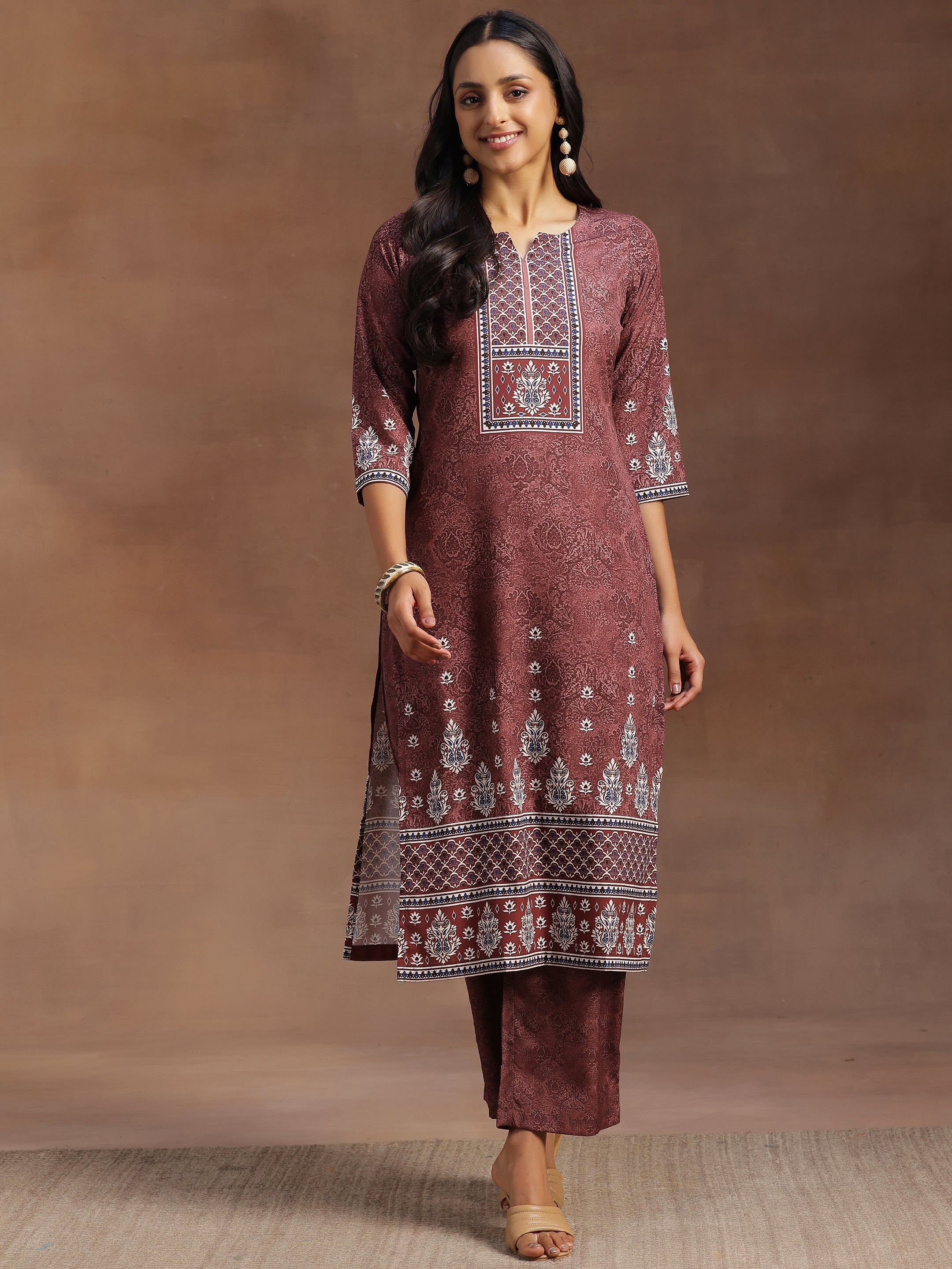 Brown Printed Poly Crepe Straight Kurta With Trousers