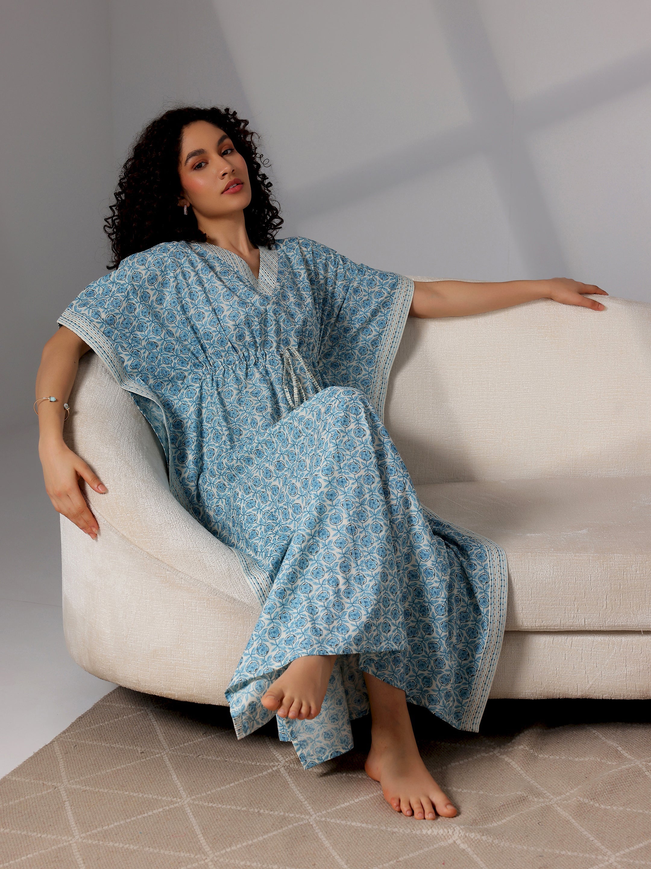 Blue Printed Cotton Kaftan Night Dress