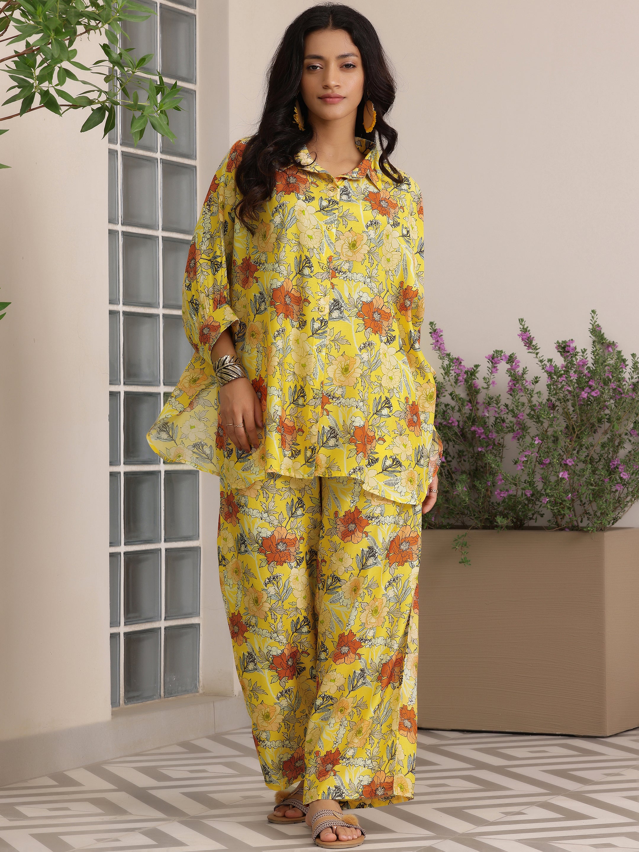 Yellow Printed Silk Blend Co-Ords