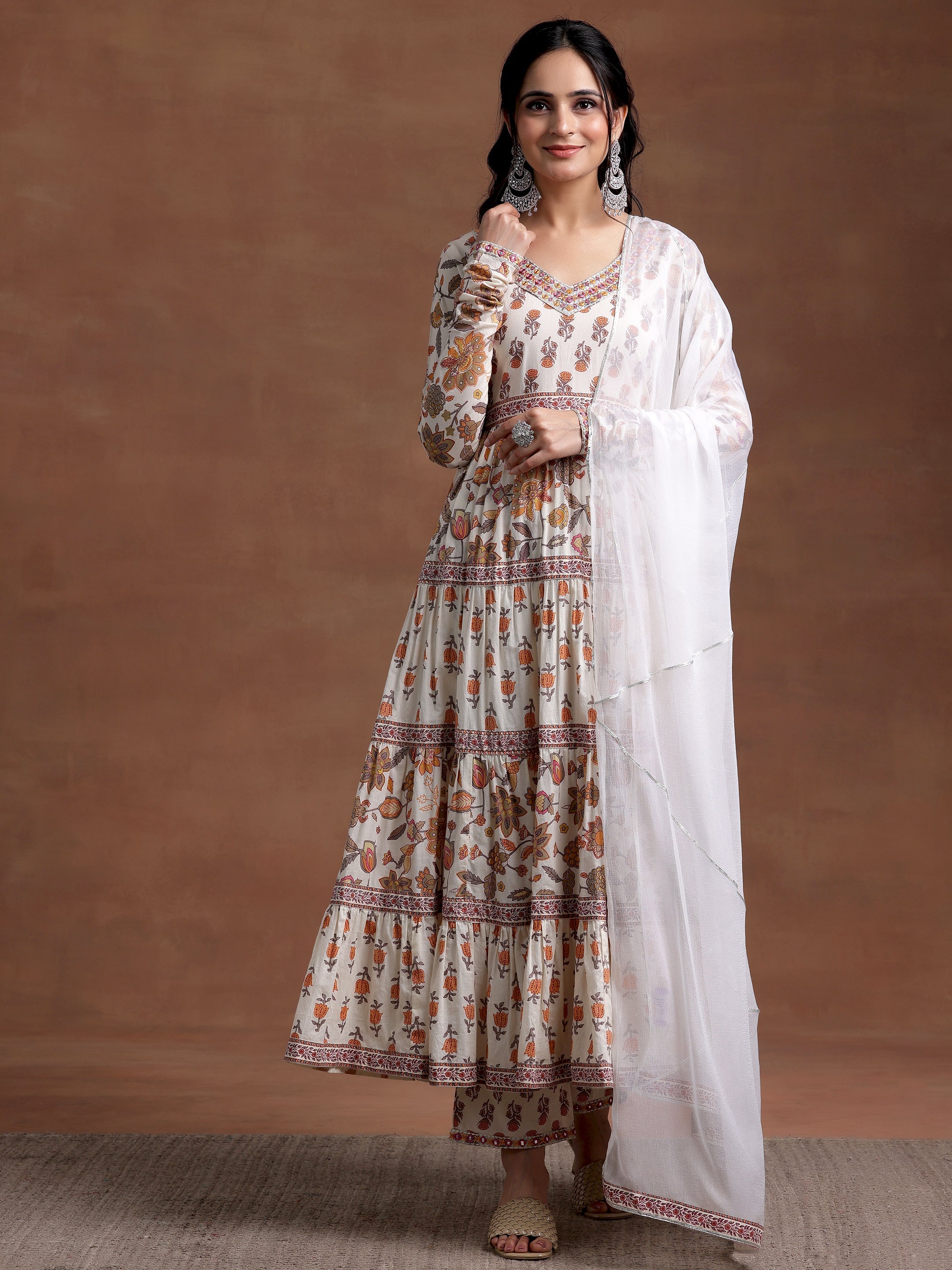 Off white Printed Cotton A-Line Kurta With Palazzos & Dupatta