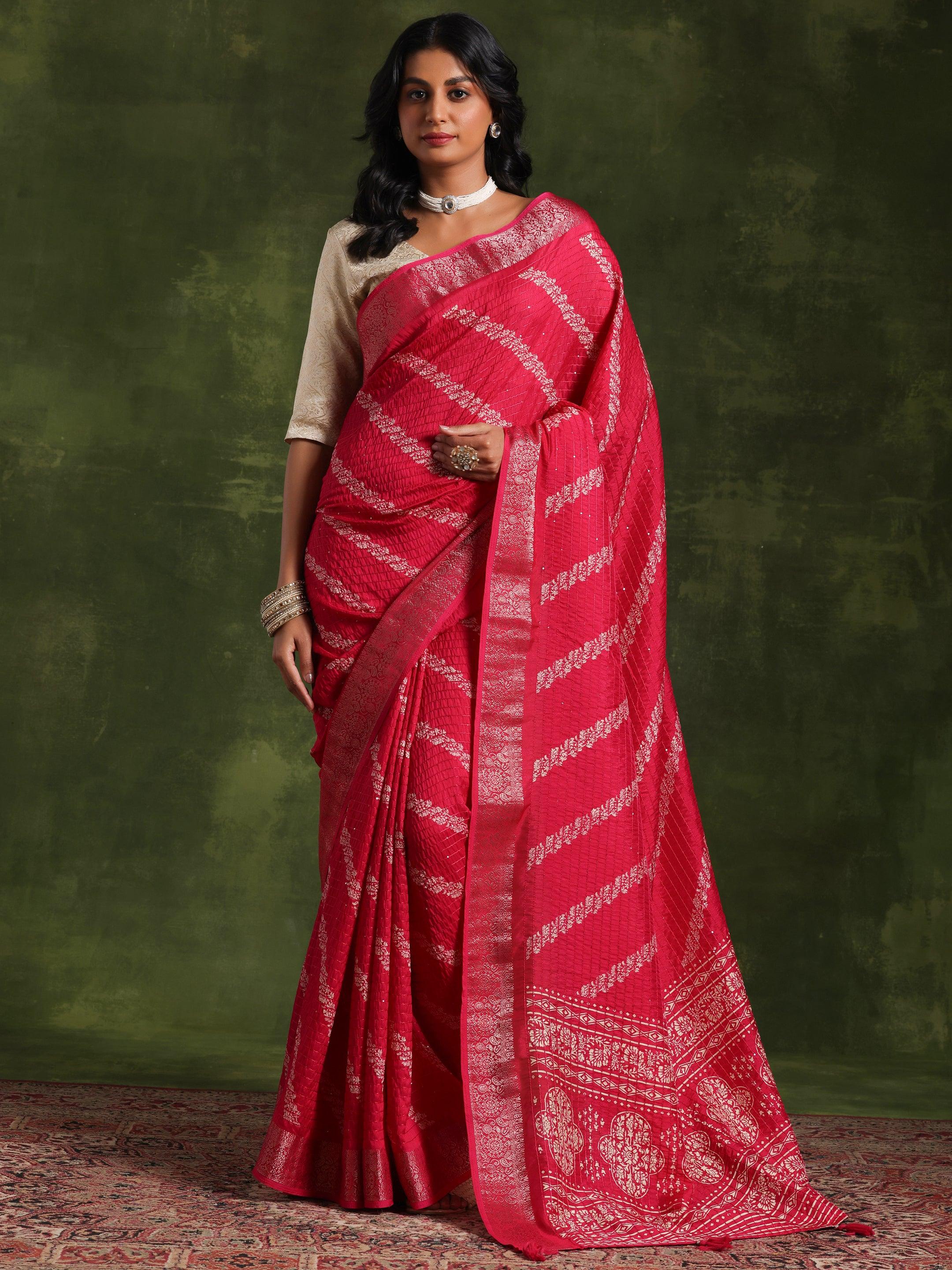 Pink Printed Silk Blend Saree With Unstitched Blouse Piece