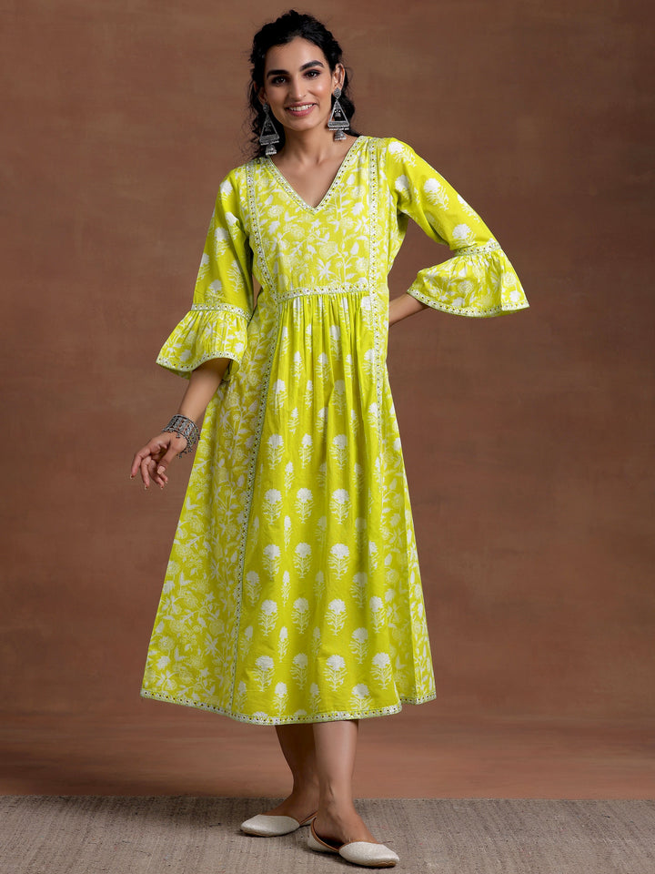 Neon Green Printed Cotton A-Line Dress