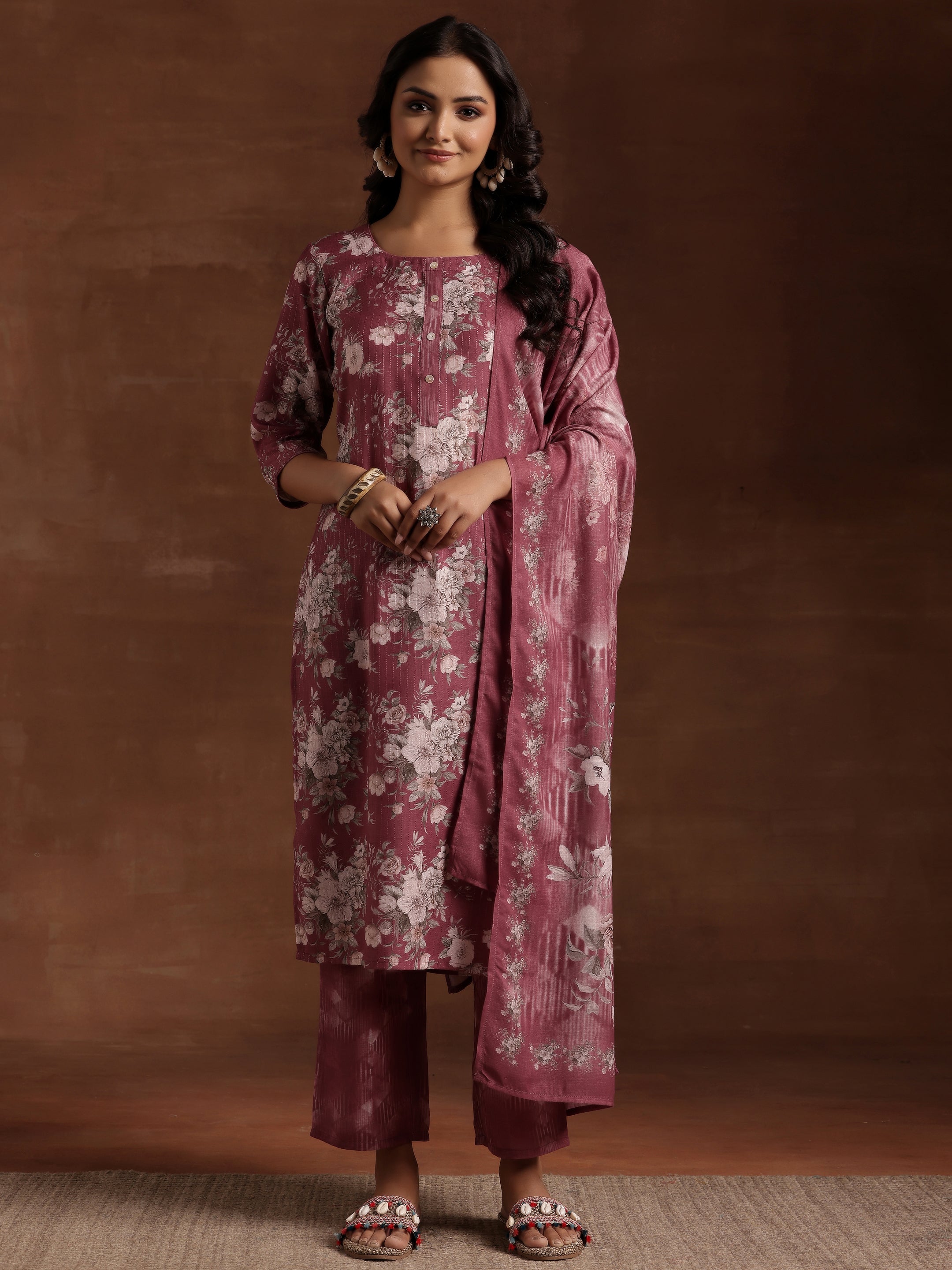 Mauve Printed Cotton Straight Suit With Dupatta