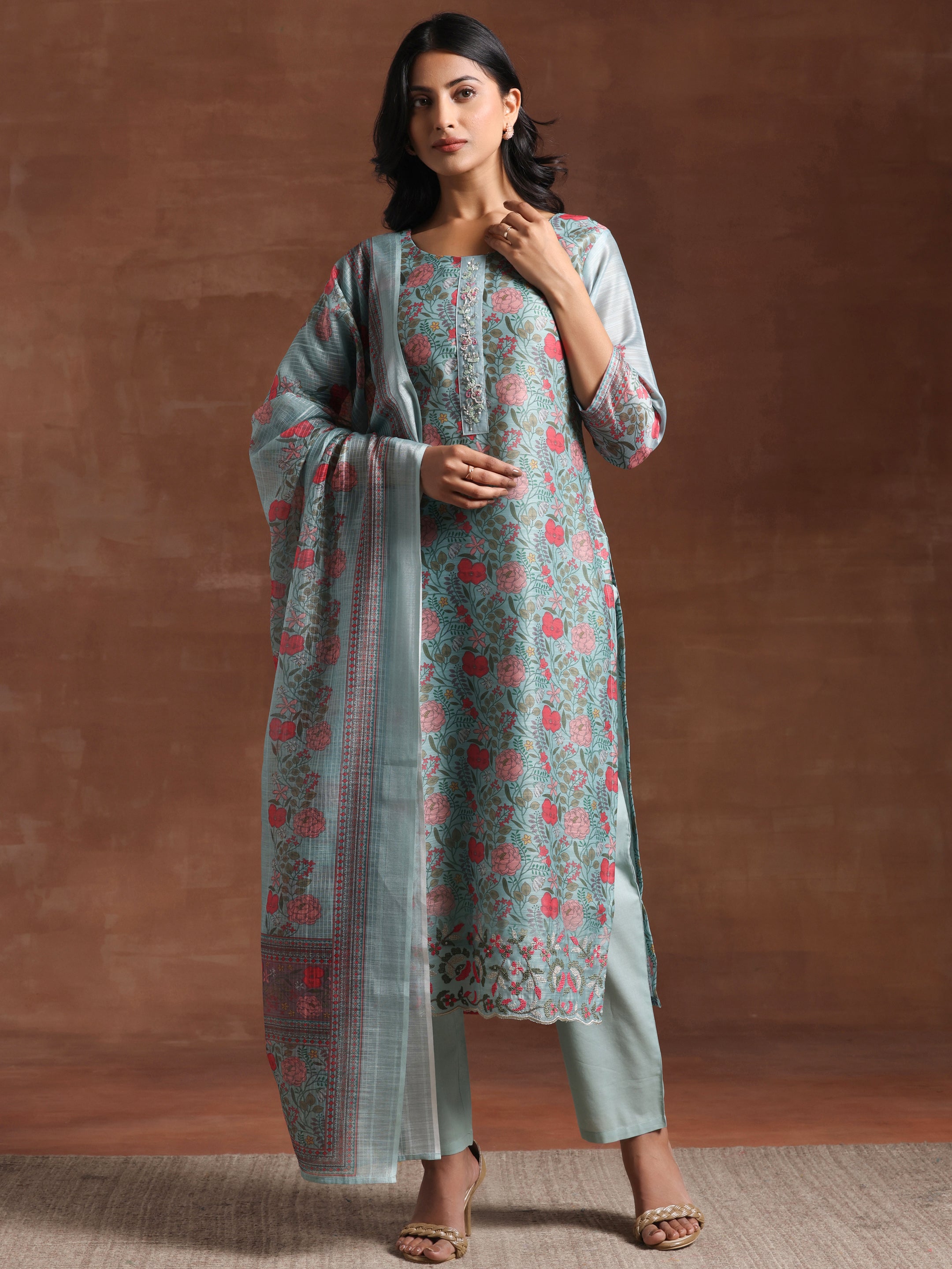 Green Printed Chanderi Silk Straight Suit With Dupatta