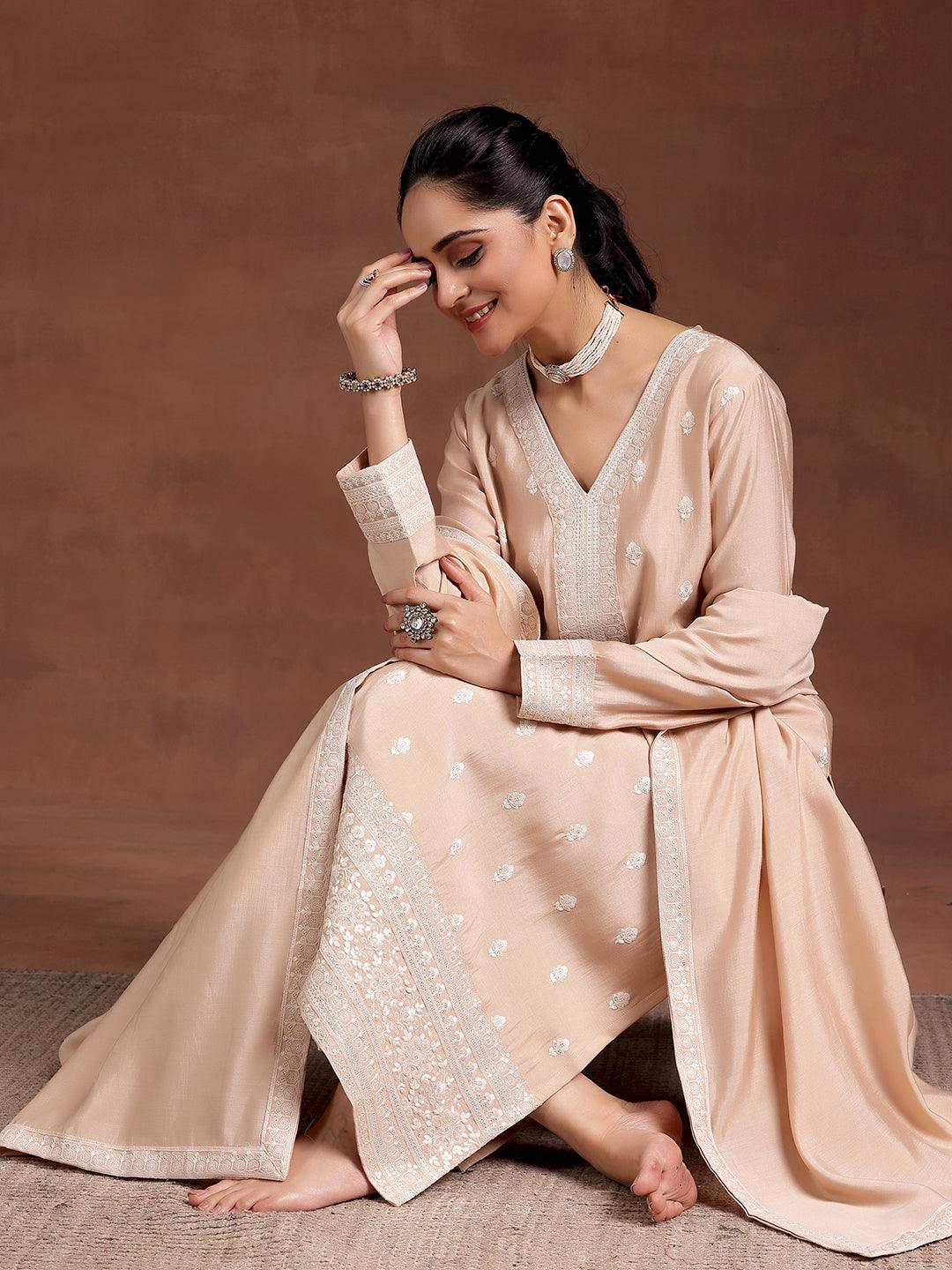 Beige Embroidered Silk Blend Straight Suit With Dupatta