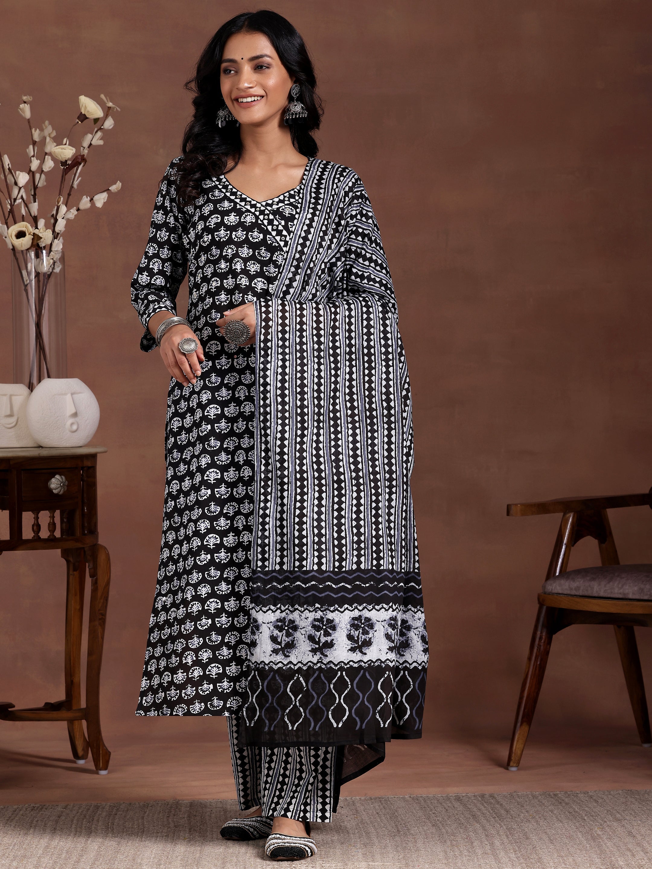 Black Printed Cotton Straight Suit With Dupatta