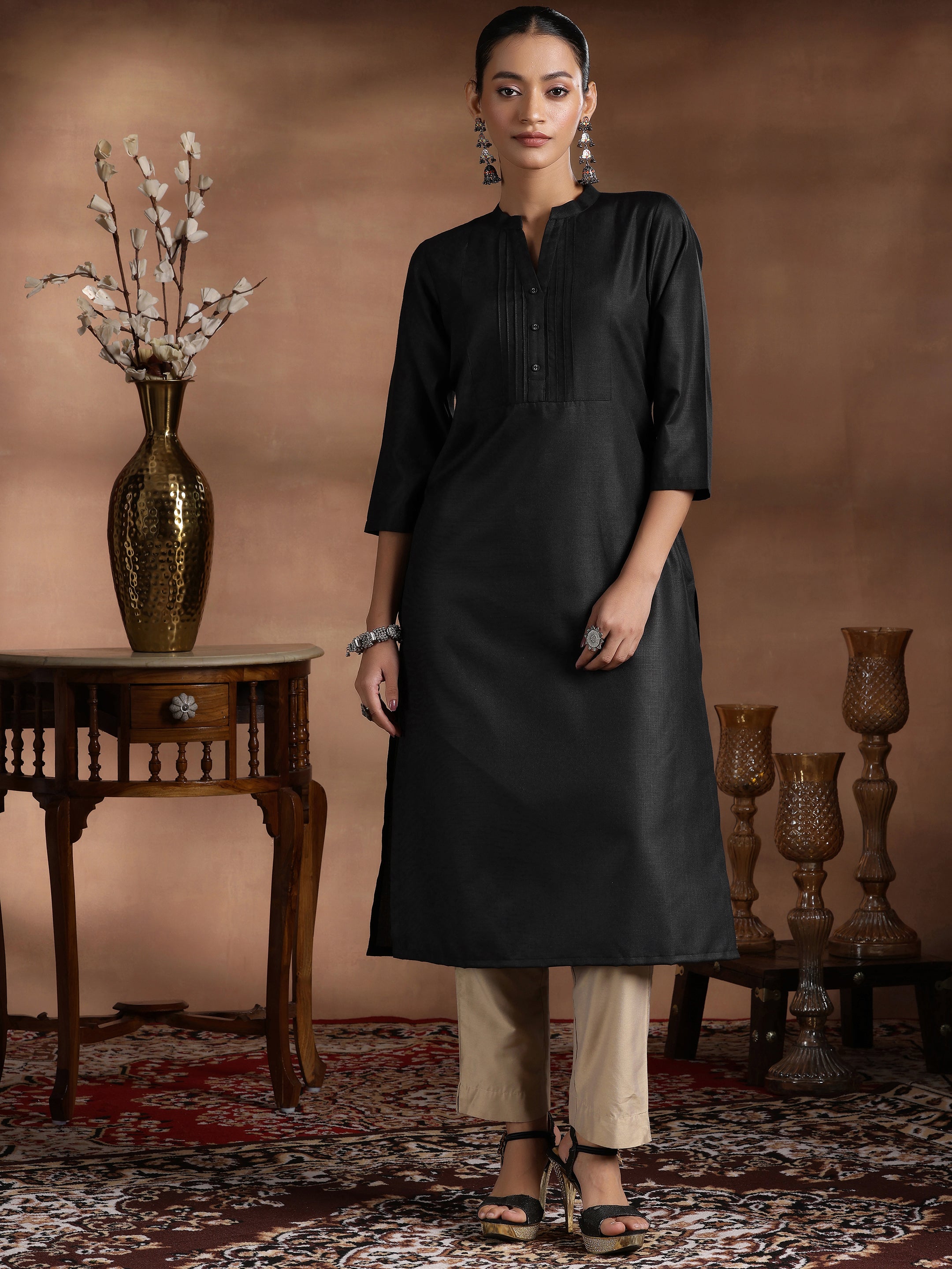 Black Solid Silk Straight Kurta