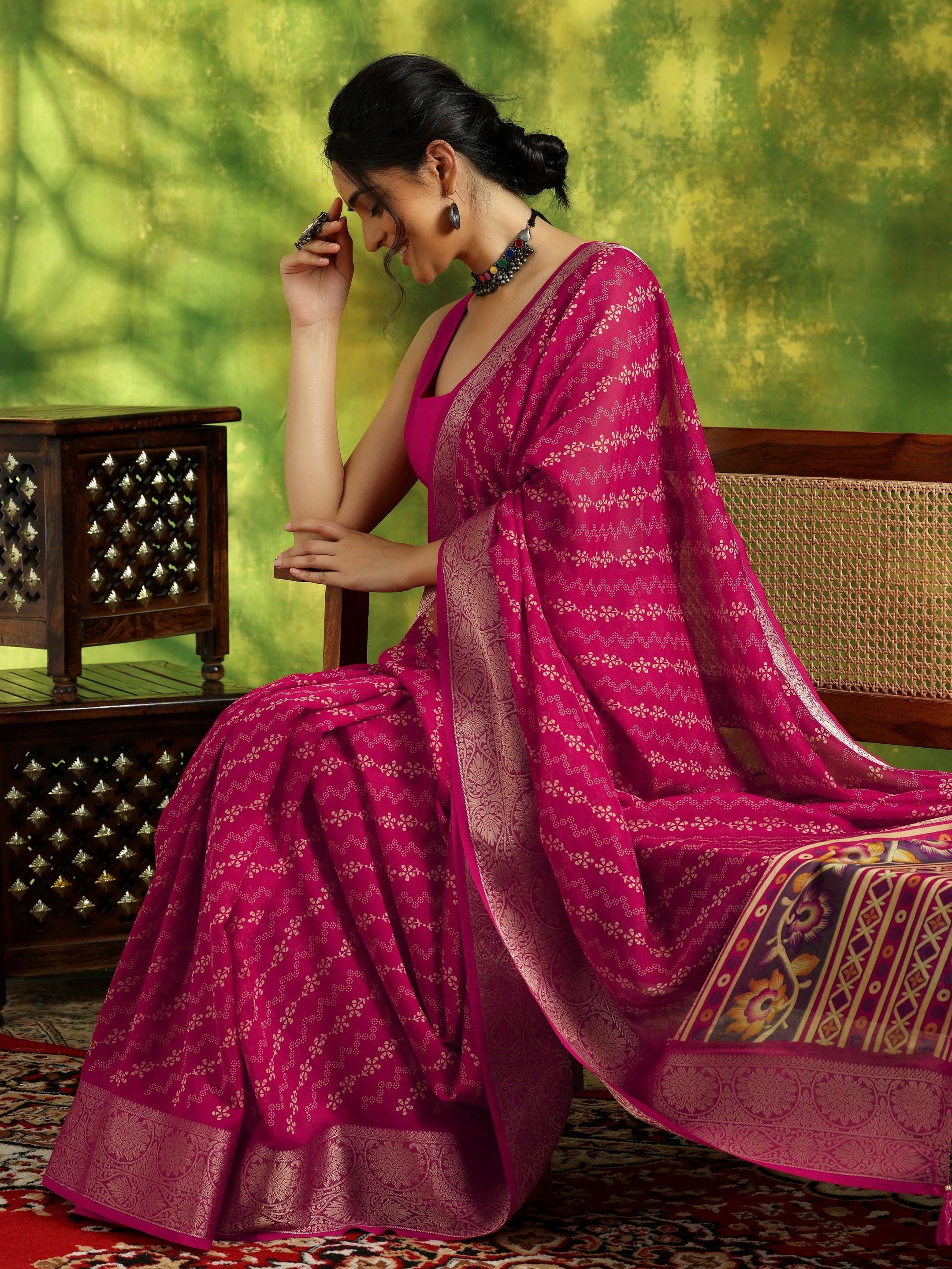 Pink Printed Silk Blend Saree With Unstitched Blouse Piece