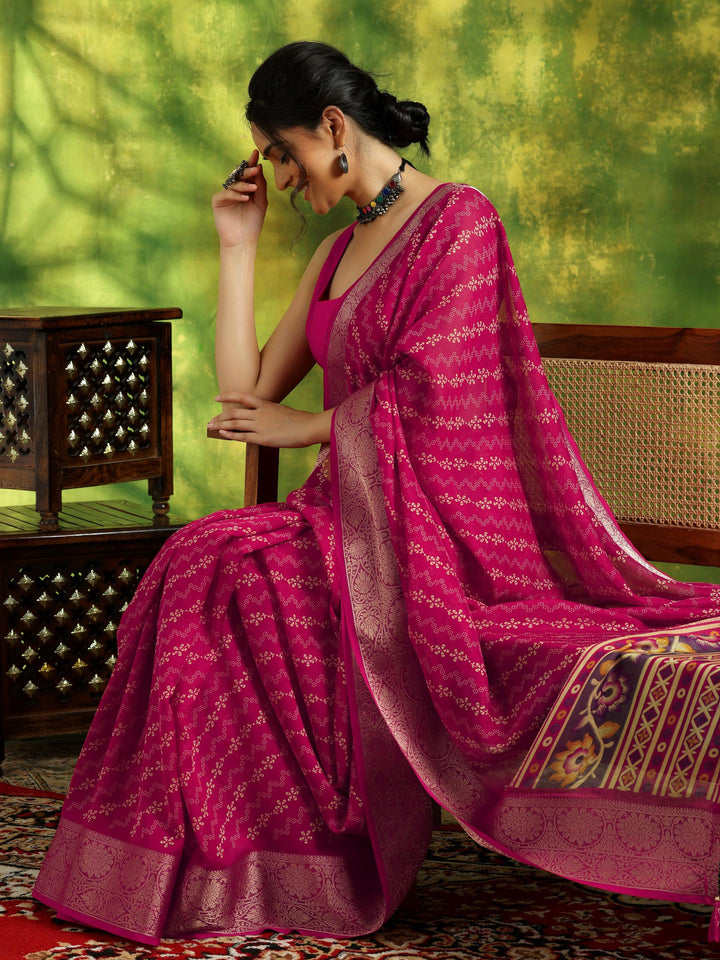 Pink Printed Silk Blend Saree With Unstitched Blouse Piece - Libas