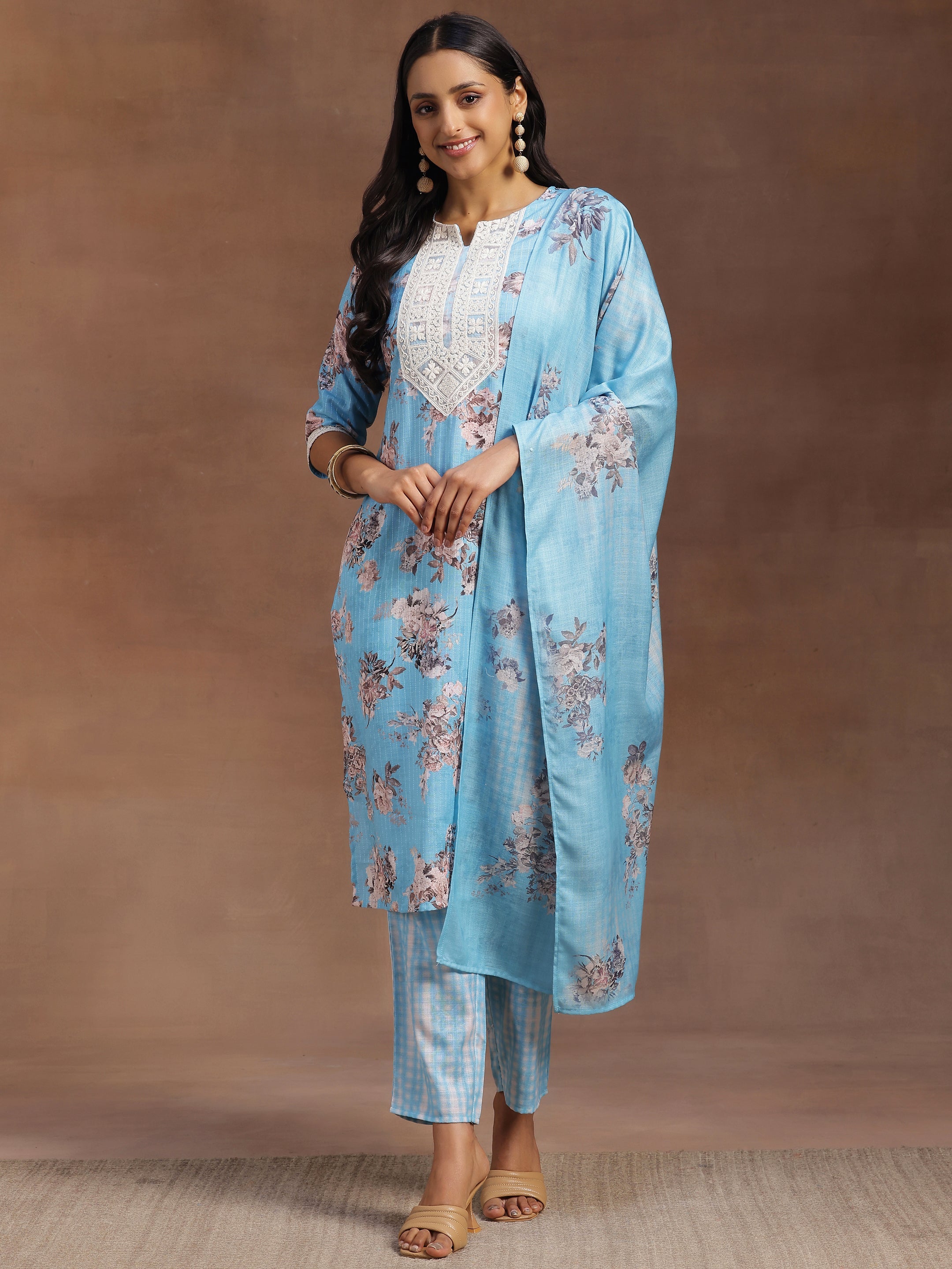 Blue Printed Cotton Straight Suit With Dupatta