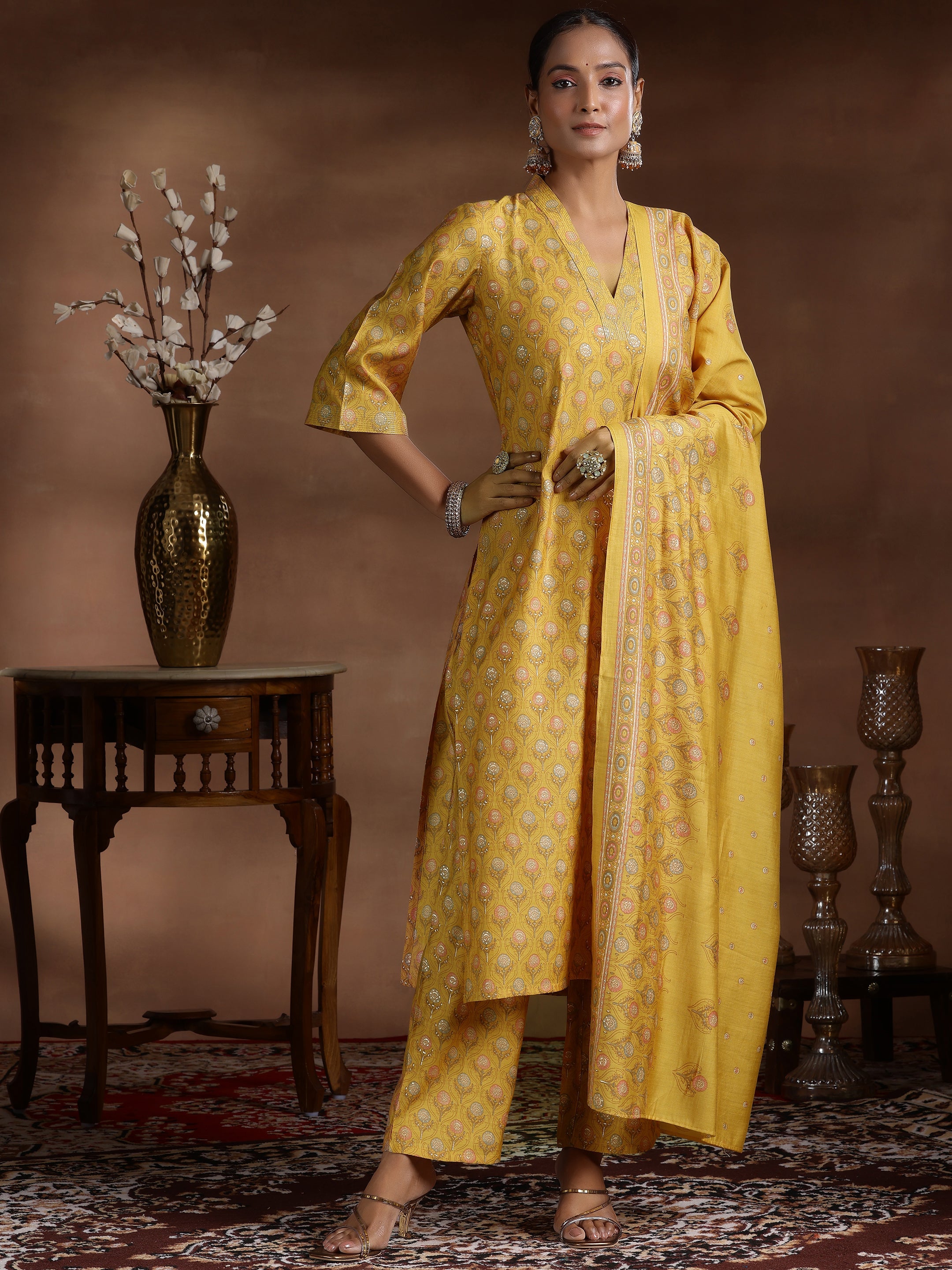 Mustard Printed Silk Blend Straight Suit With Dupatta