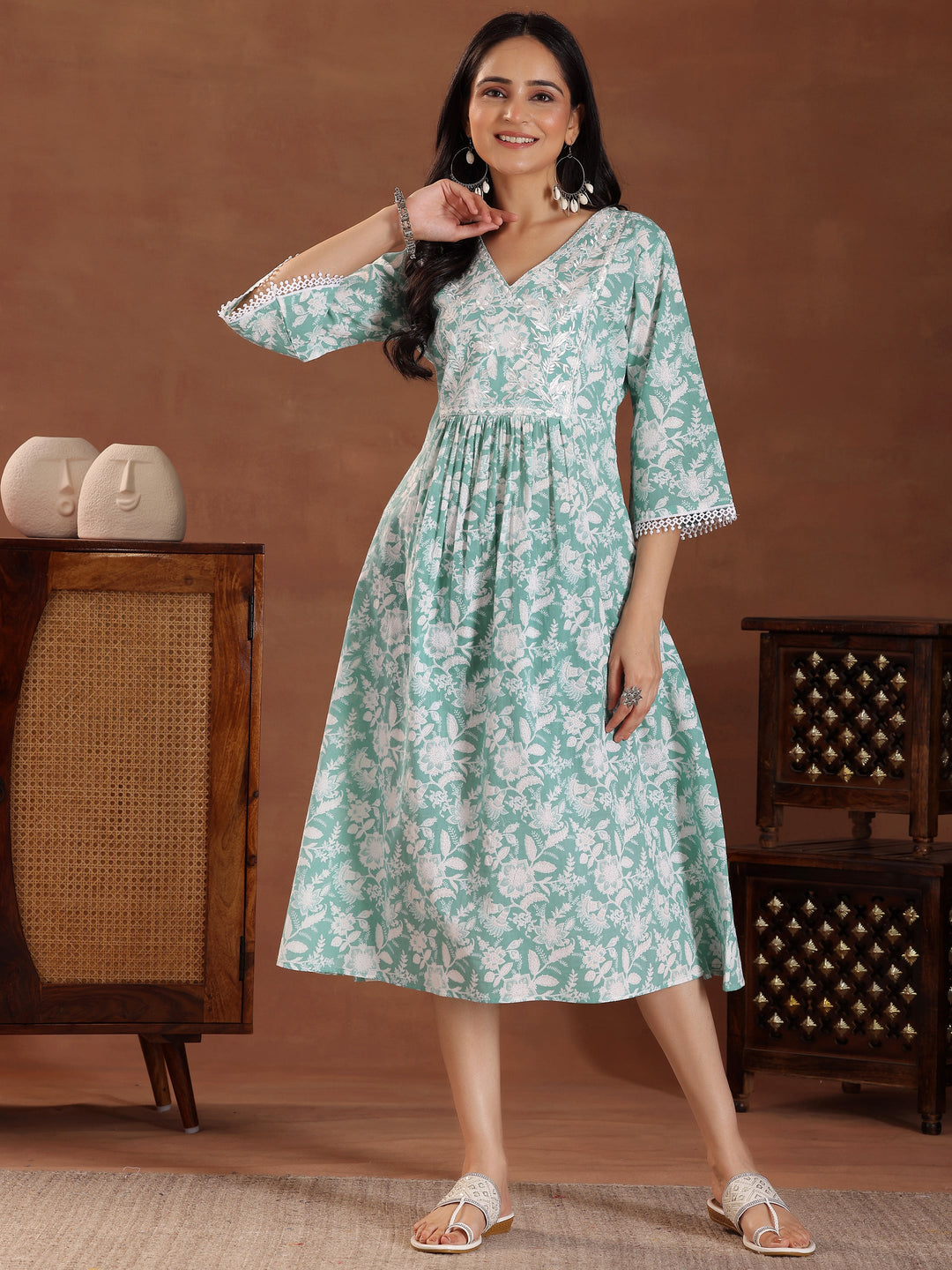 Green Printed Cotton A-Line Dress