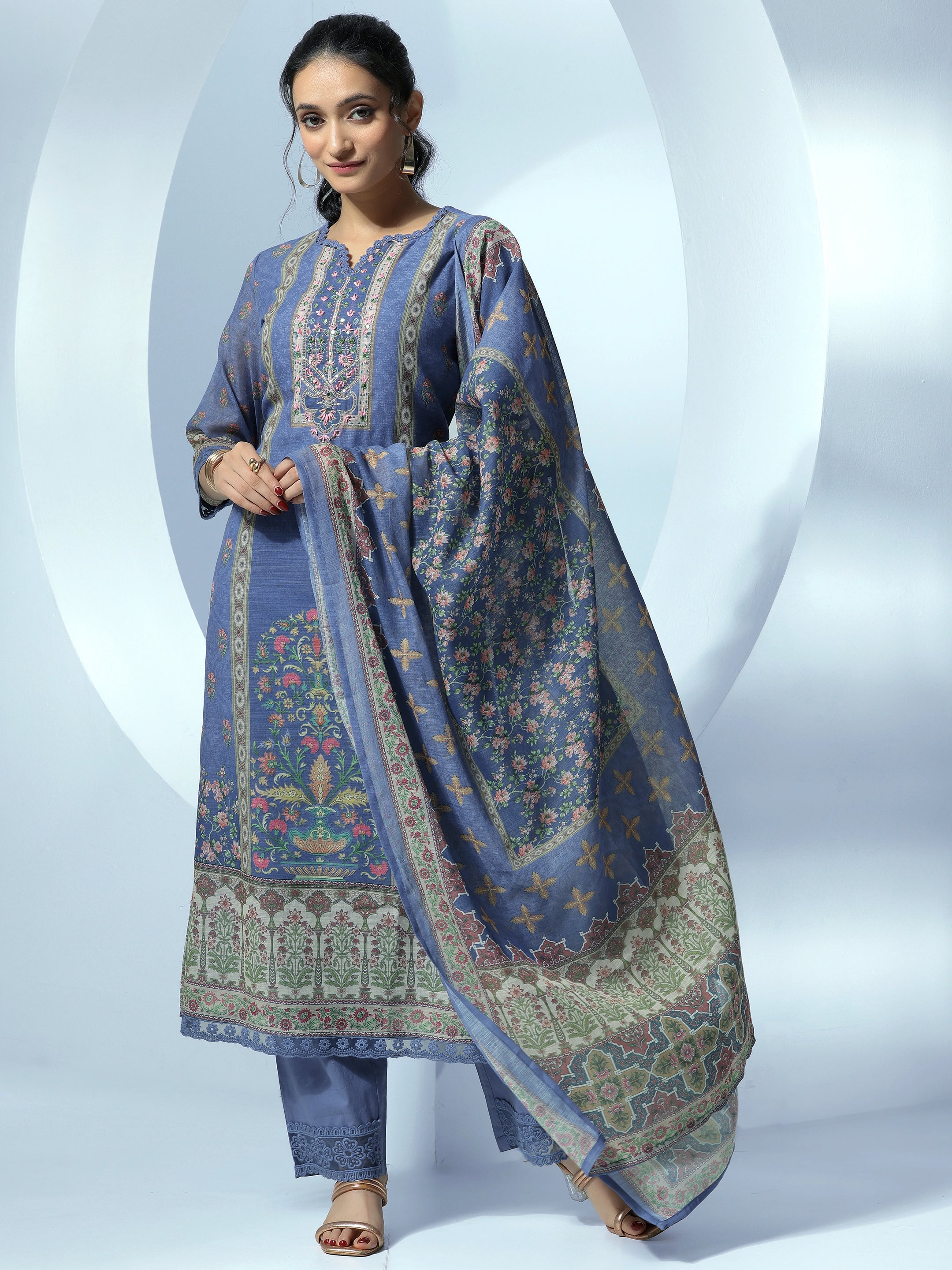 Blue Printed Linen Straight Suit With Dupatta