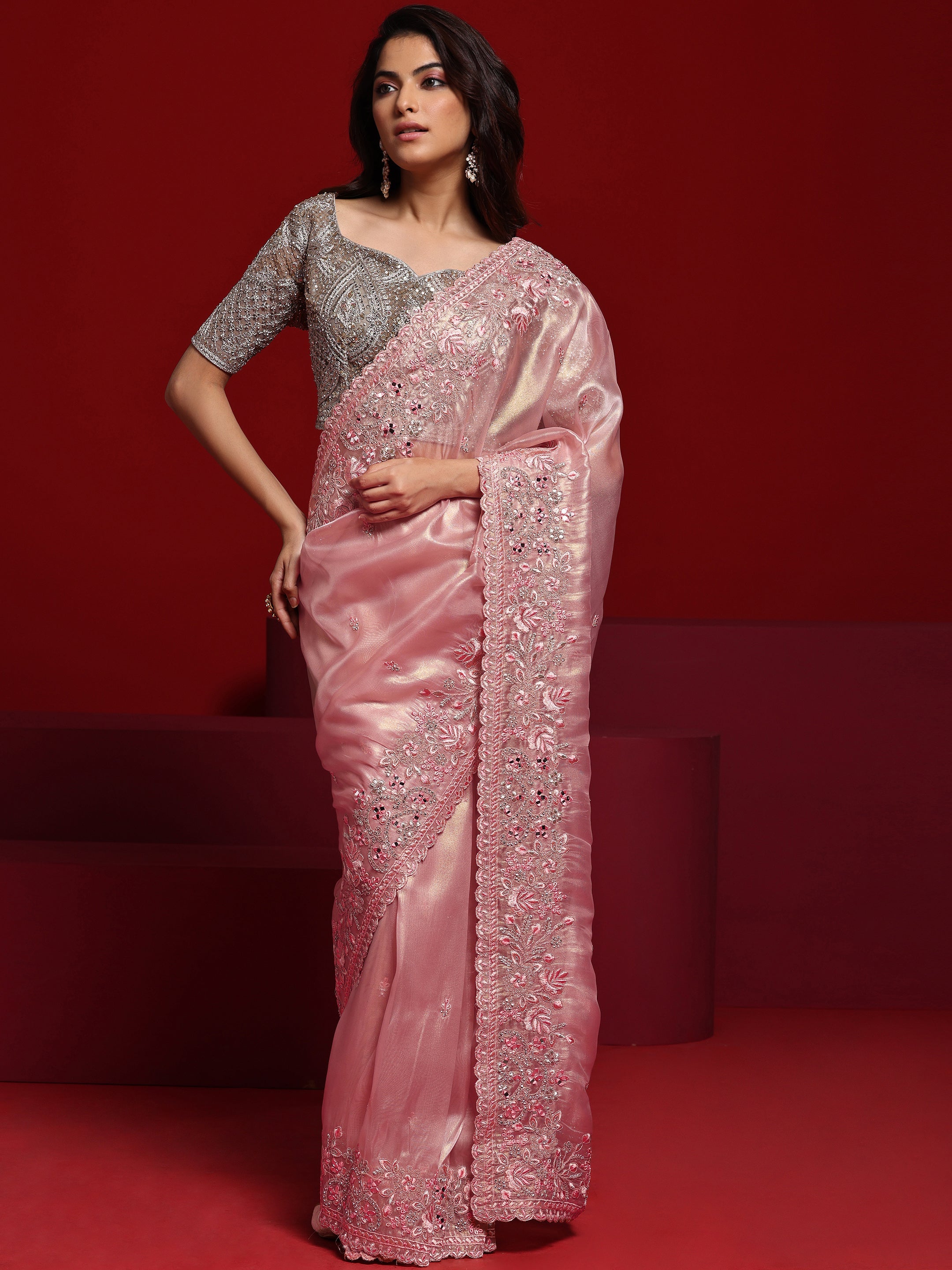 Libas Art Pink Embroidered Silk Blend Saree With Unstitched Blouse Piece