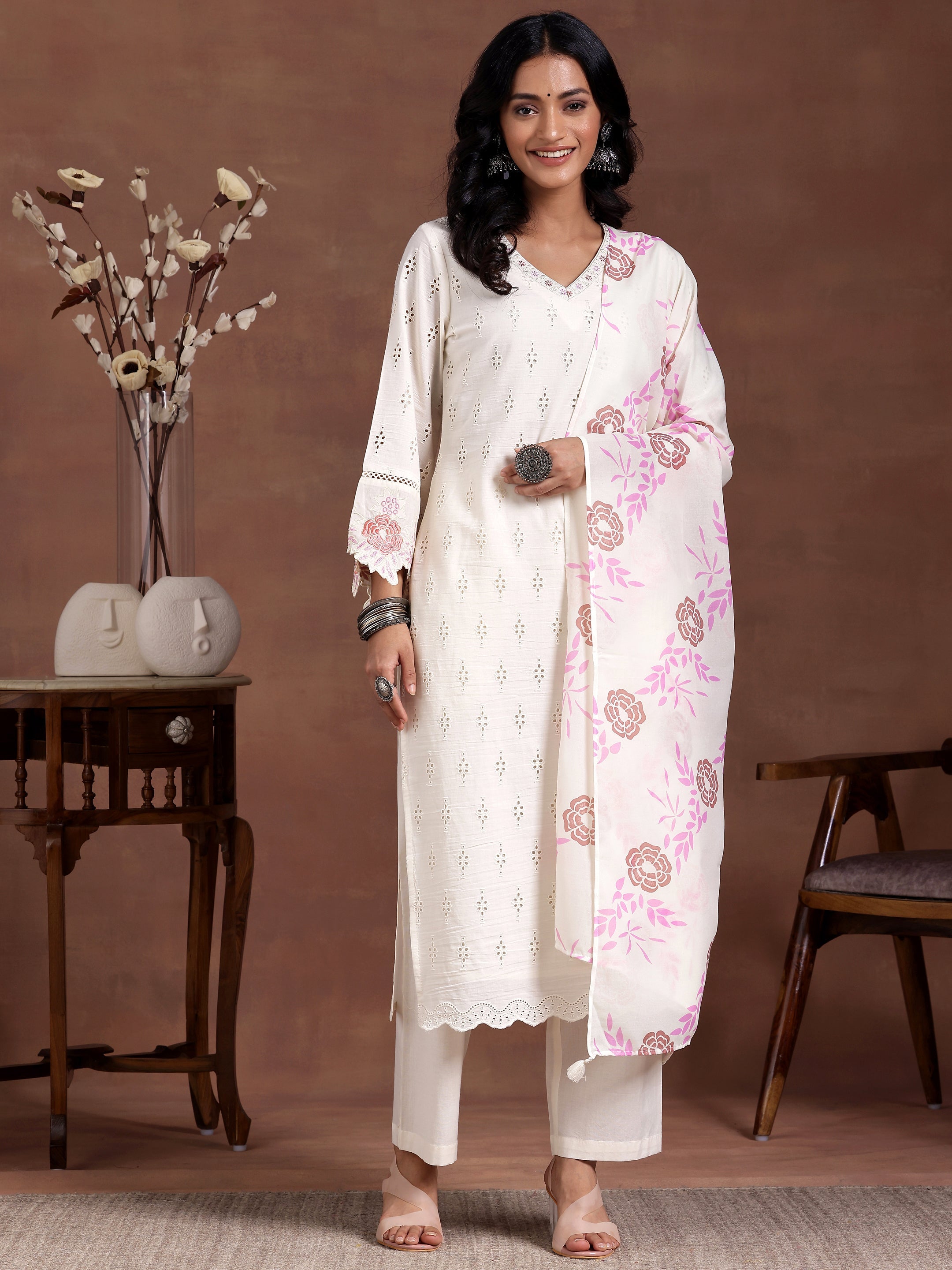 Off white Self Design Cotton Straight Suit With Dupatta