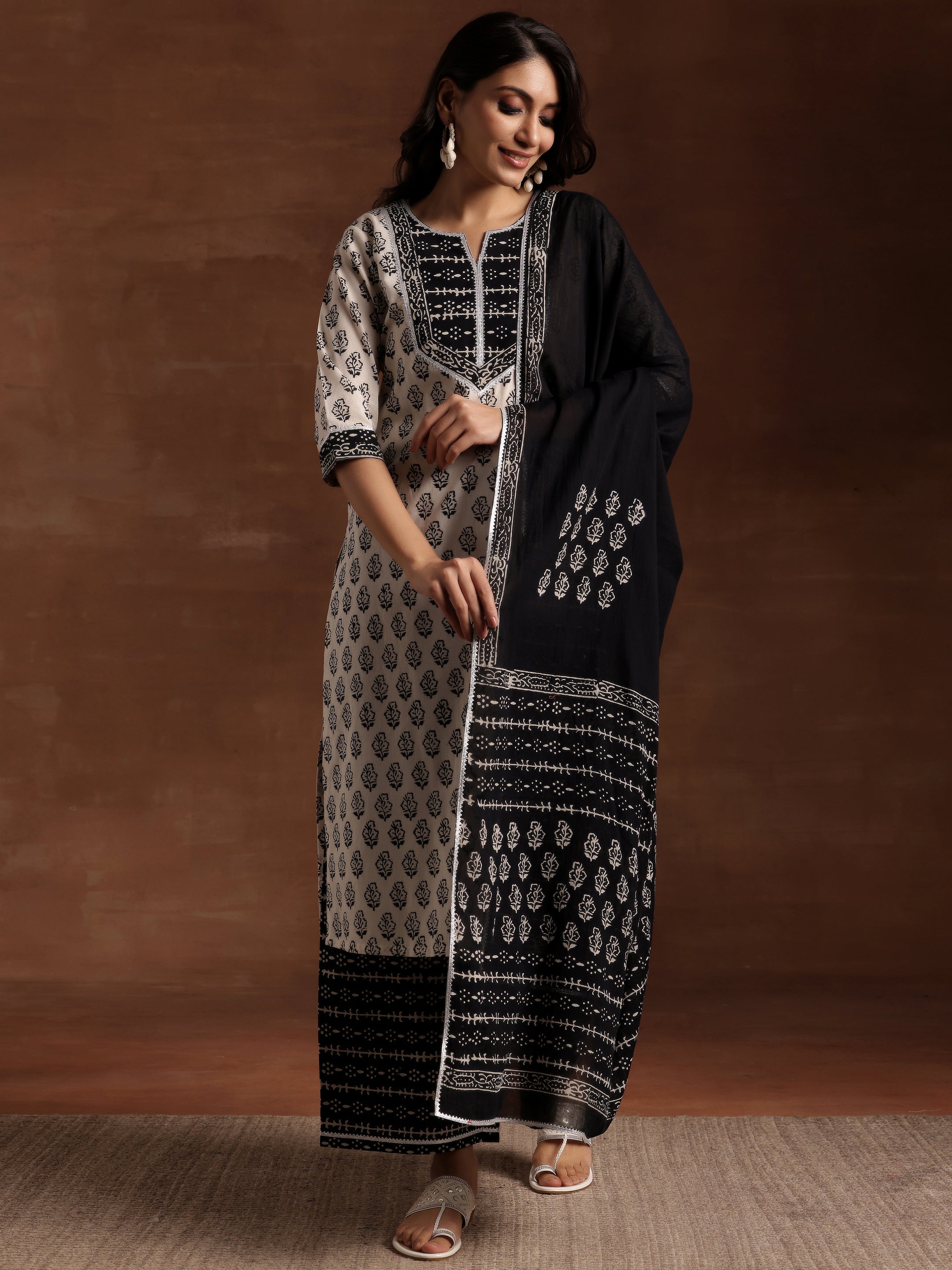 Monochrome Printed Cotton Straight Suit With Dupatta