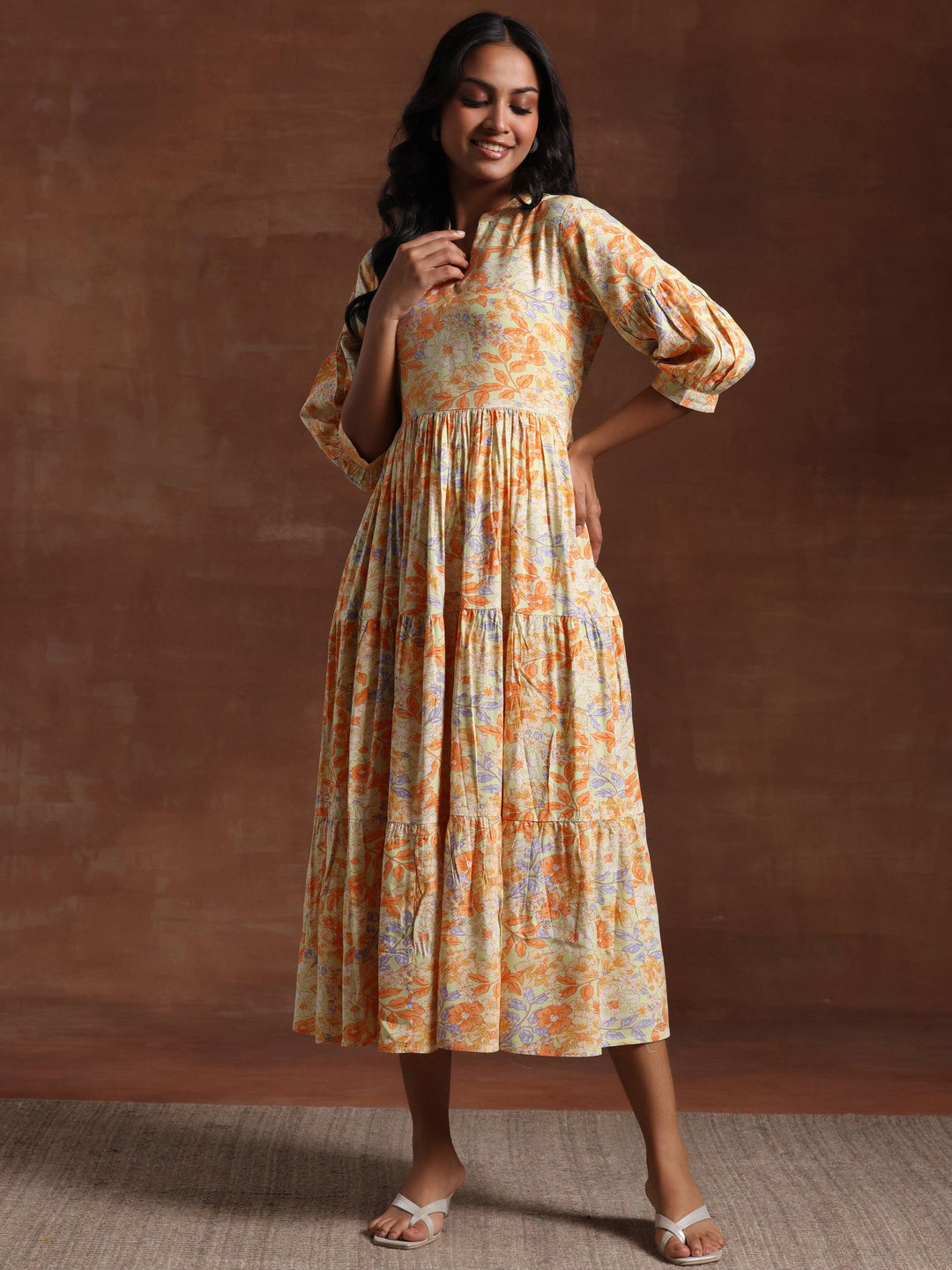 Yellow Printed Rayon Fit and Flare Dress