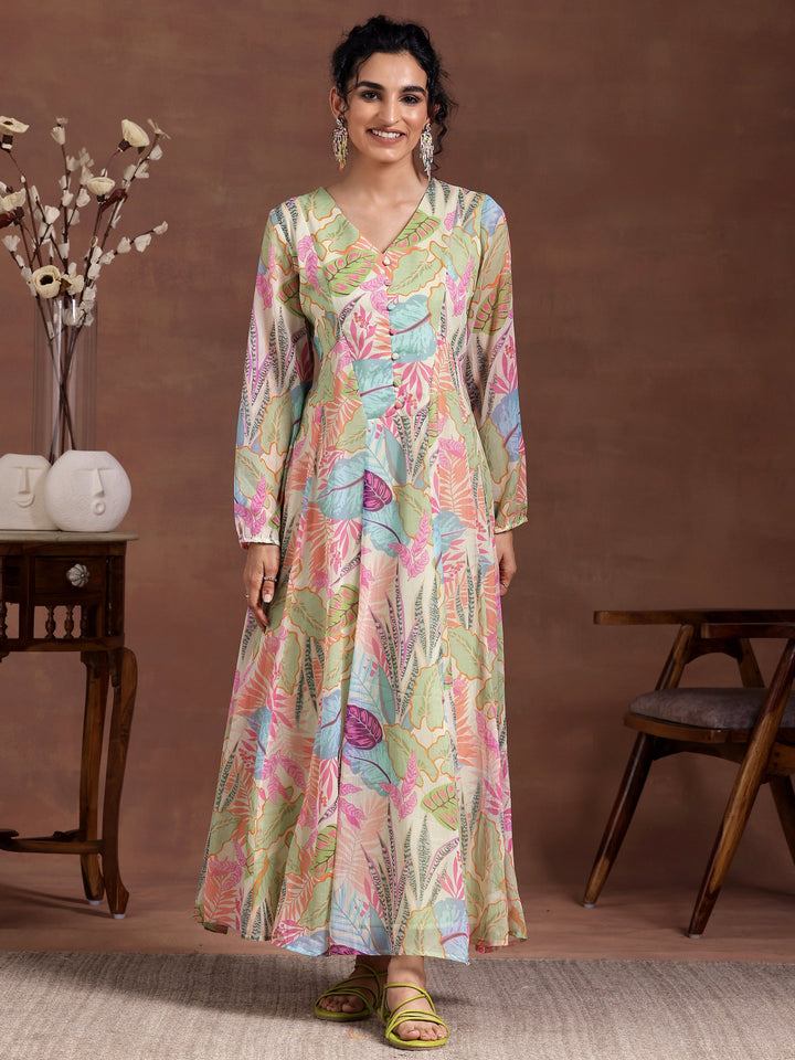 Green Printed Chiffon A-Line Dress