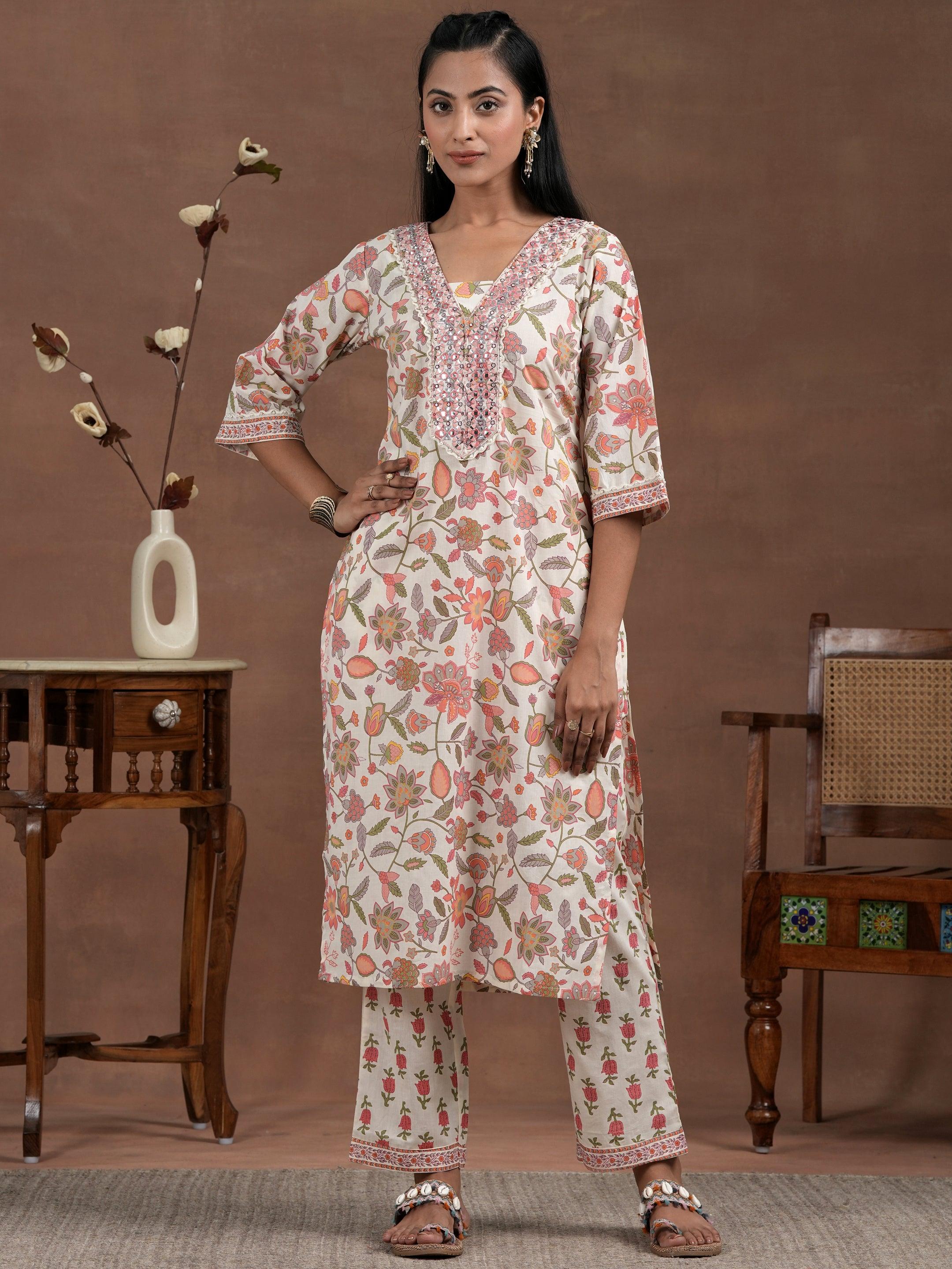 Off White Printed Cotton Kurta Set