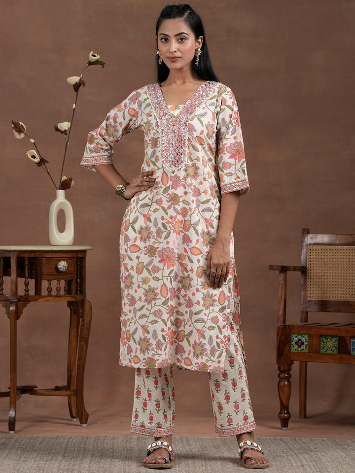 Off White Printed Cotton Straight Suit With Dupatta - Libas