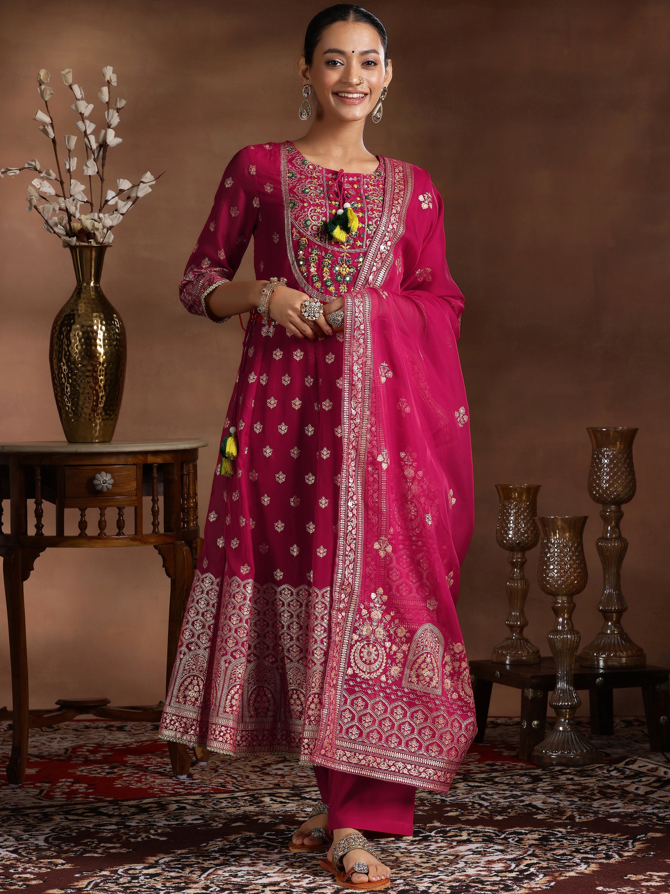 Pink Printed Organza Anarkali Suit With Dupatta