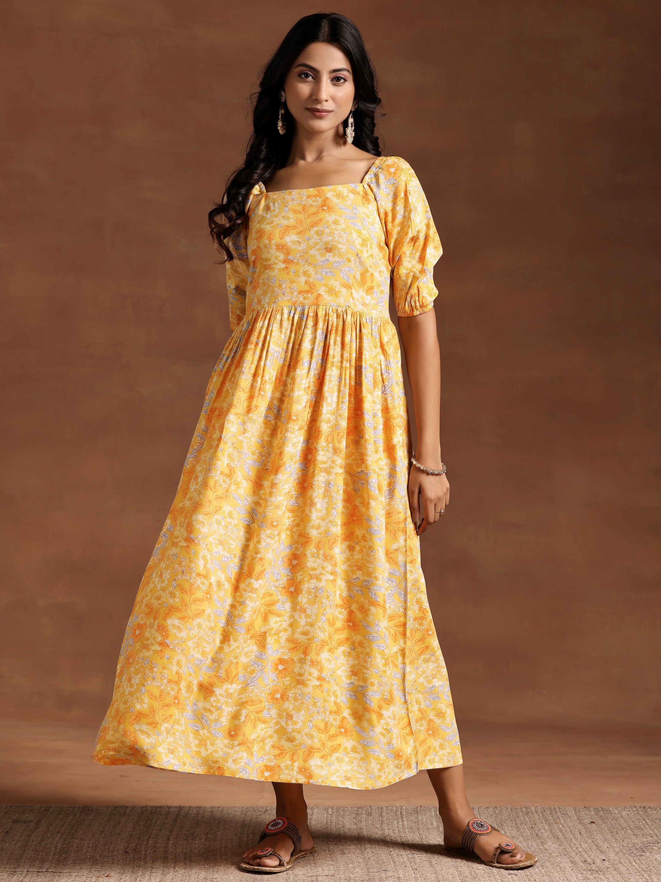 Yellow Printed Rayon Fit and Flare Dress