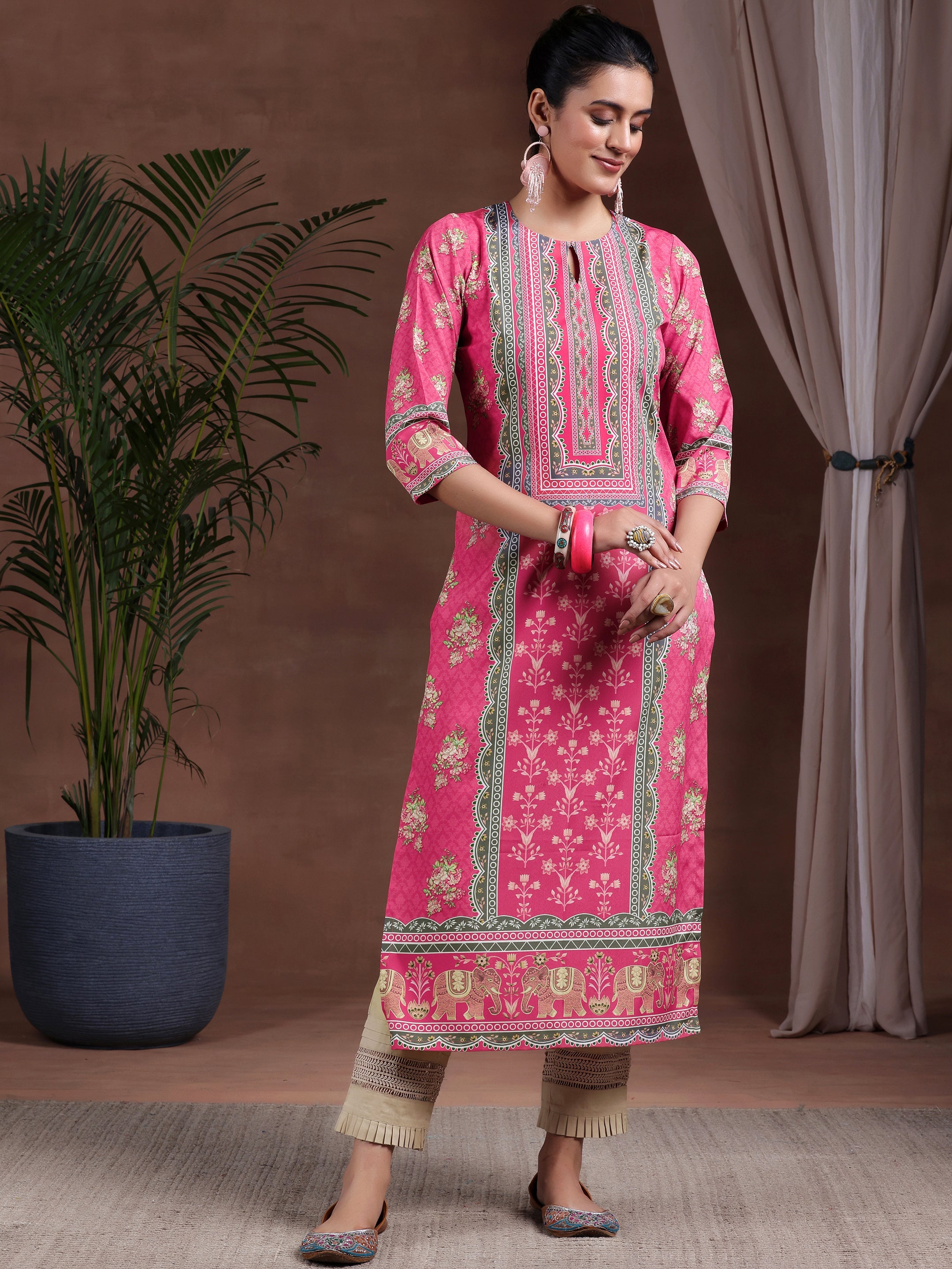 Peach Printed Crepe Straight Kurta