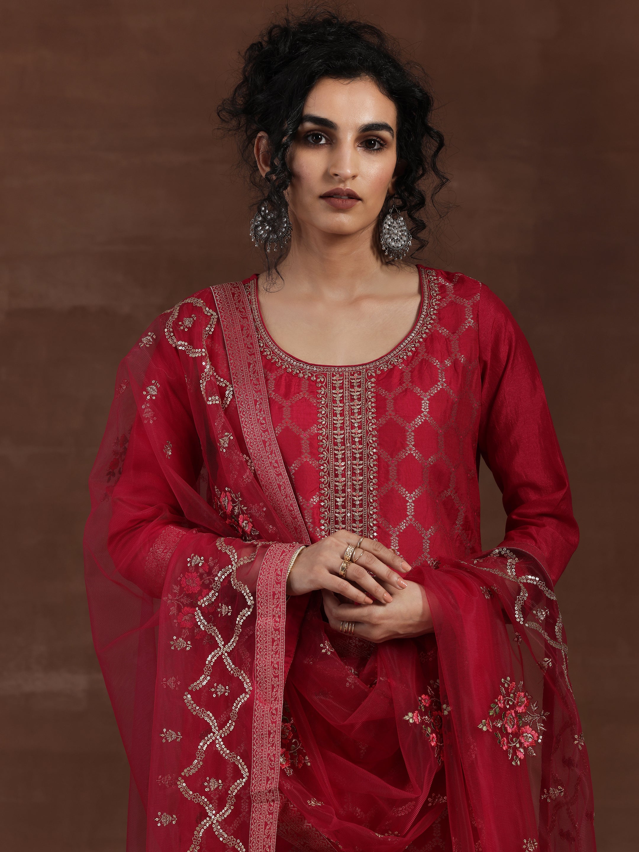 Pink Woven Design Silk Blend Straight Suit With Dupatta