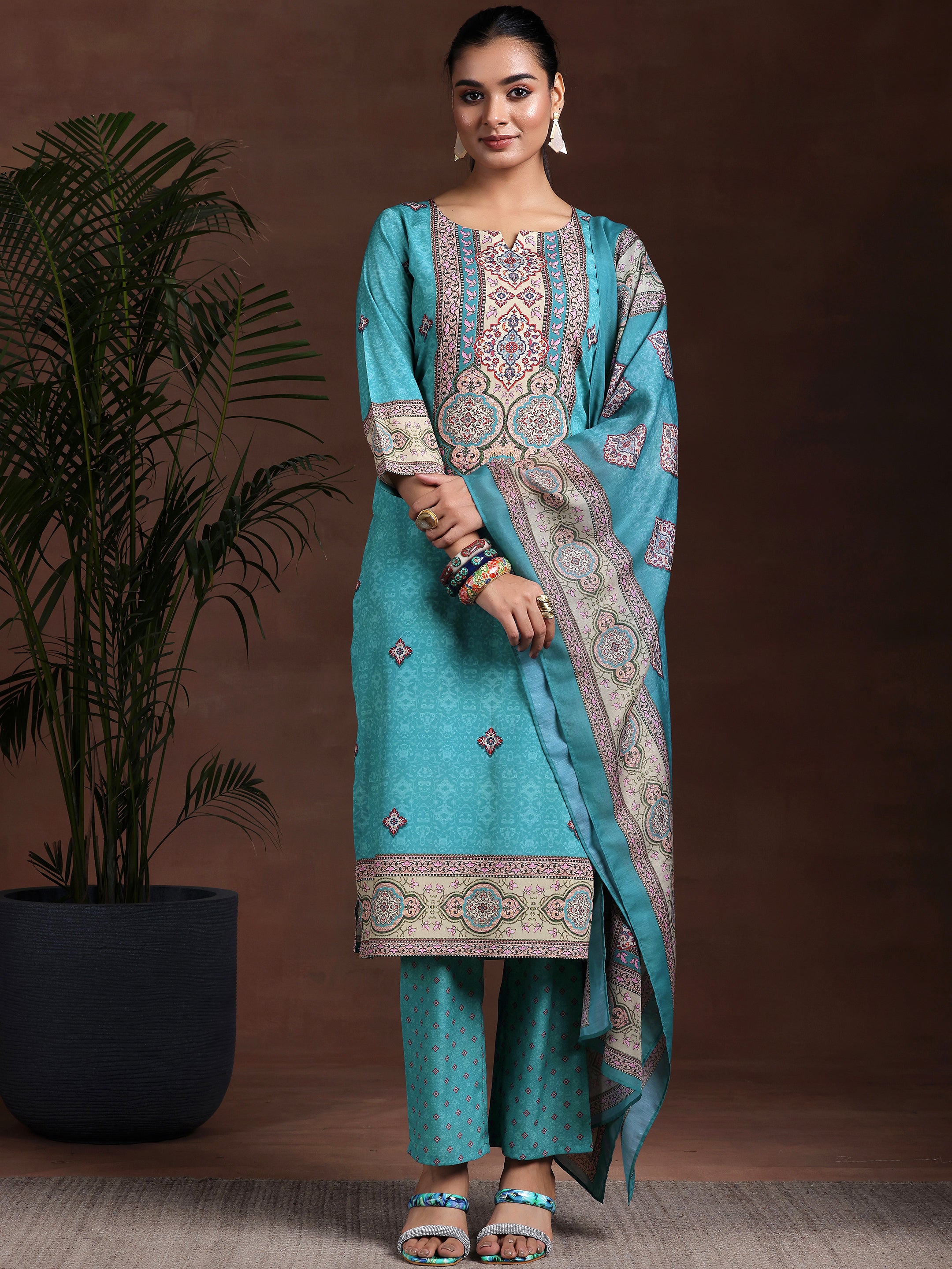 Blue Printed Poly Crepe Straight Suit With Dupatta