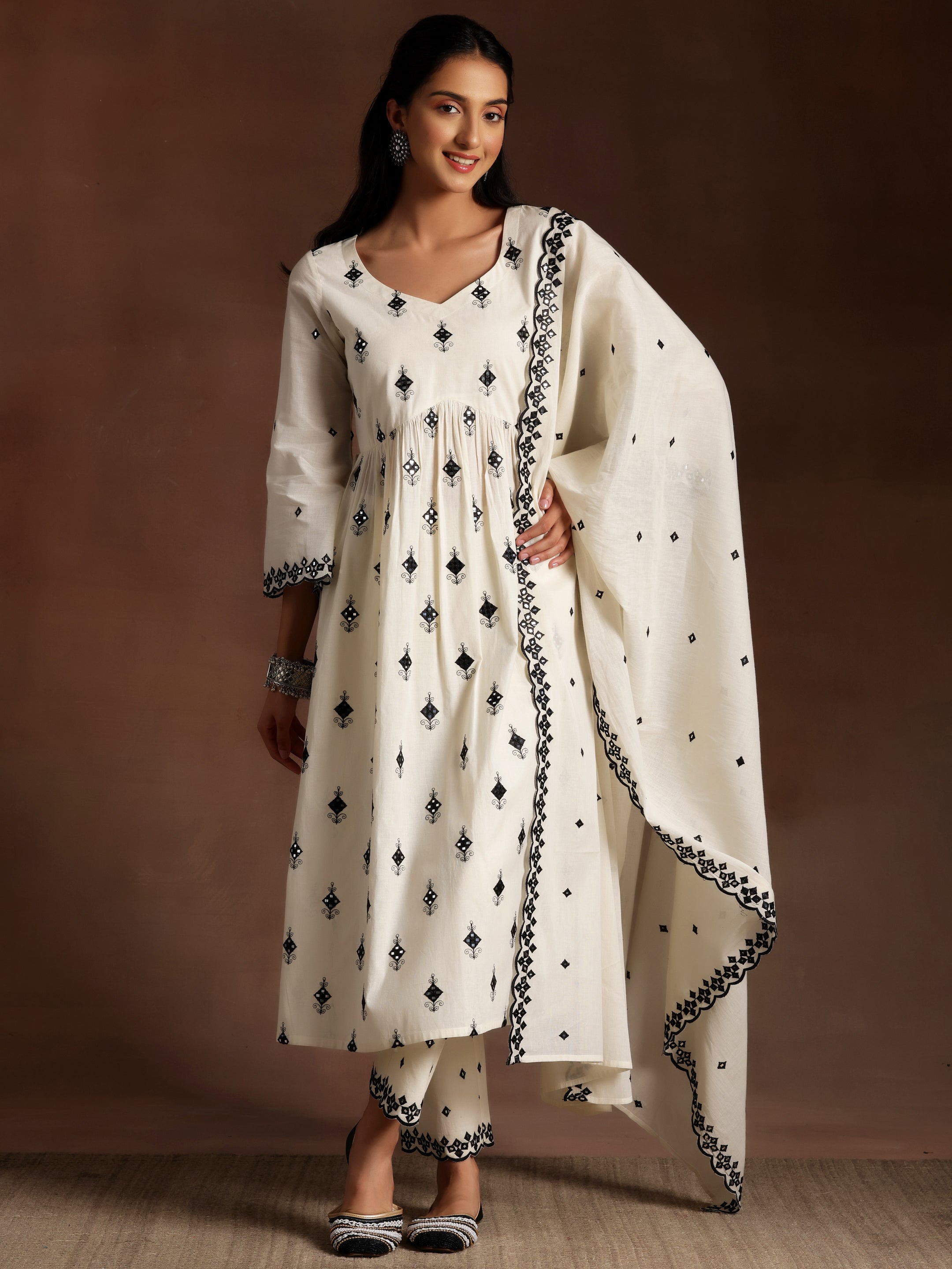 Off White Embroidered Cotton Anarkali Suit With Dupatta