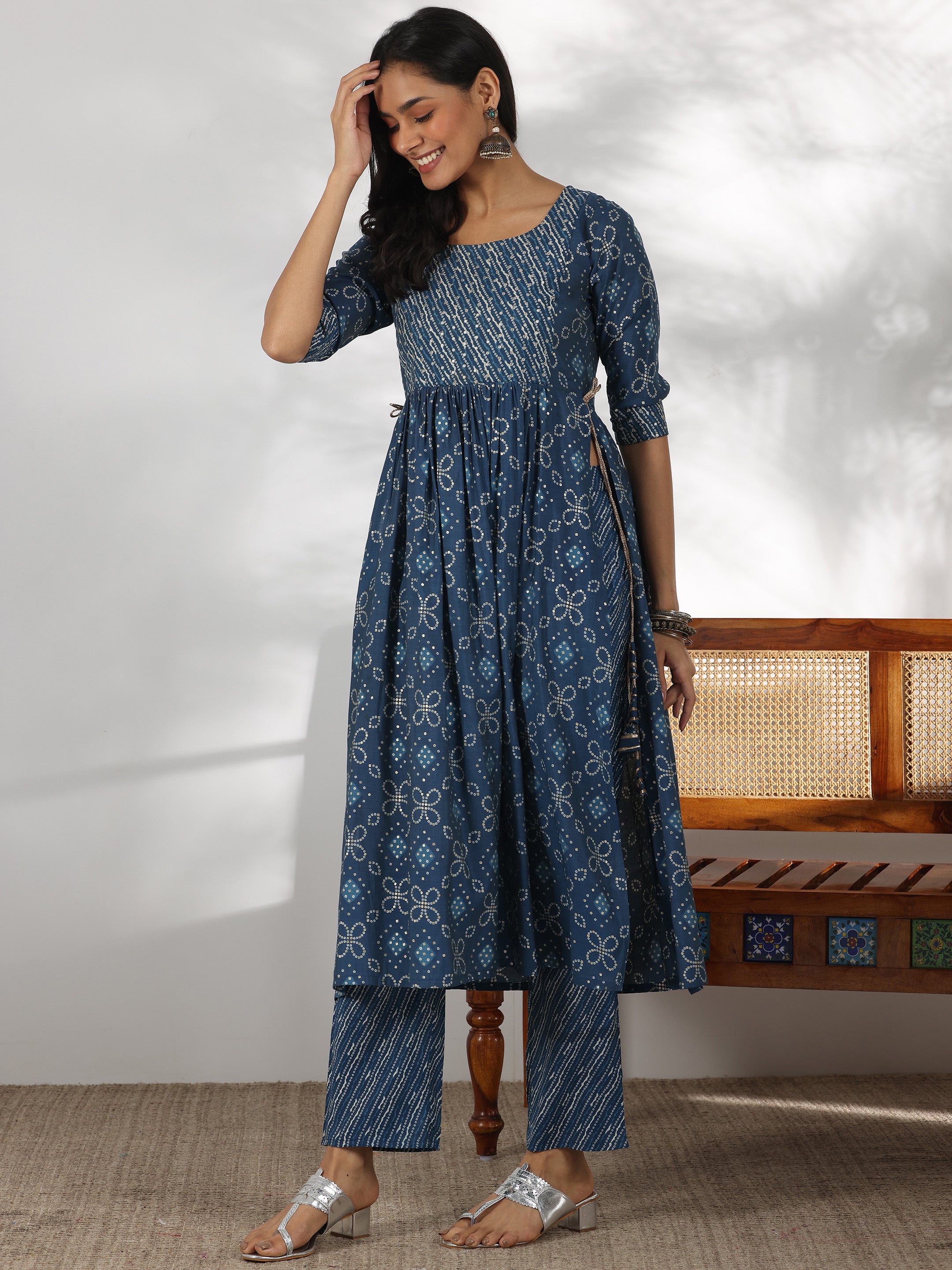 Blue Printed Silk Blend A-Line Kurta With Trousers & Dupatta