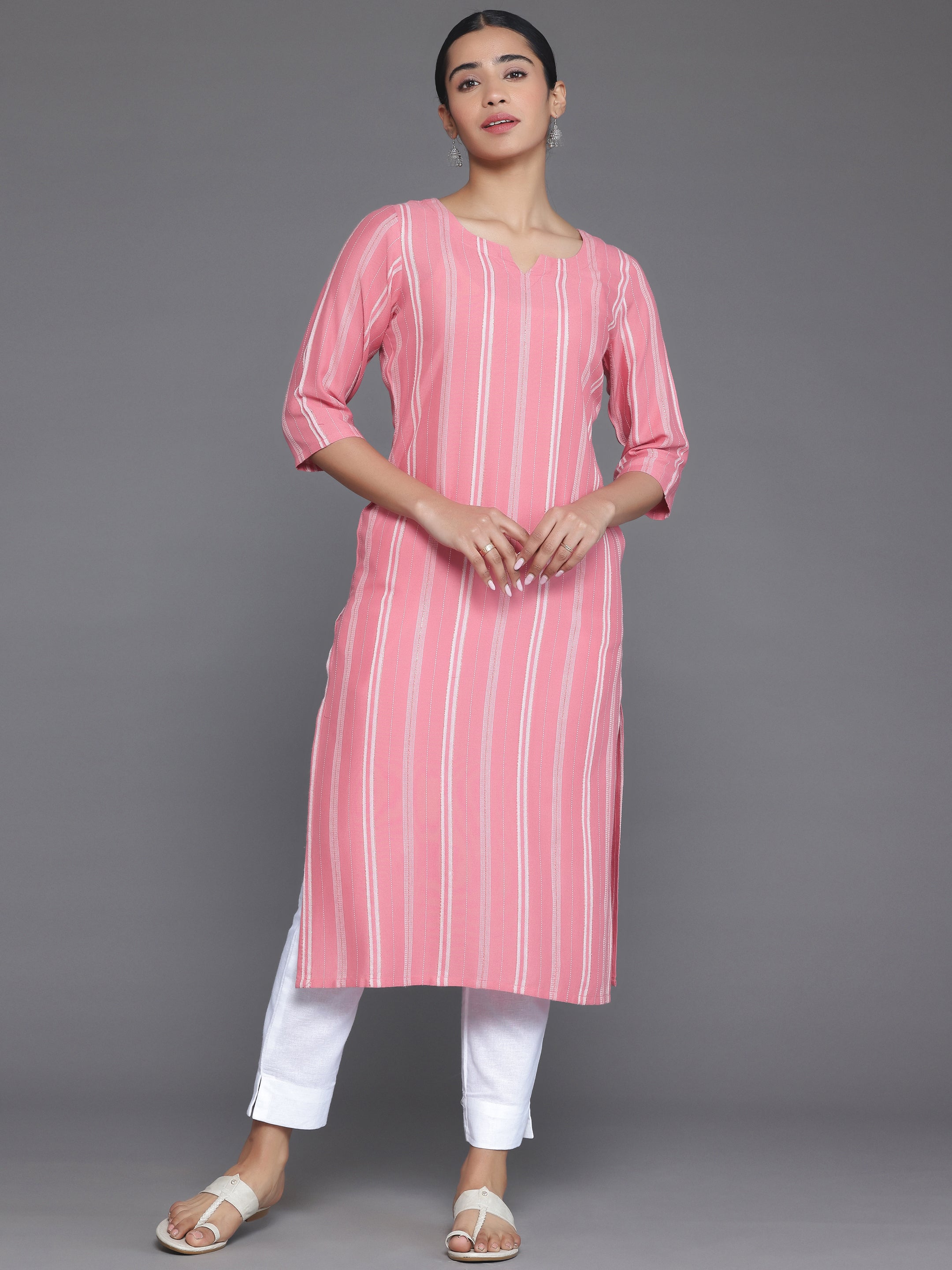 Pink Woven Design Rayon Straight Kurta