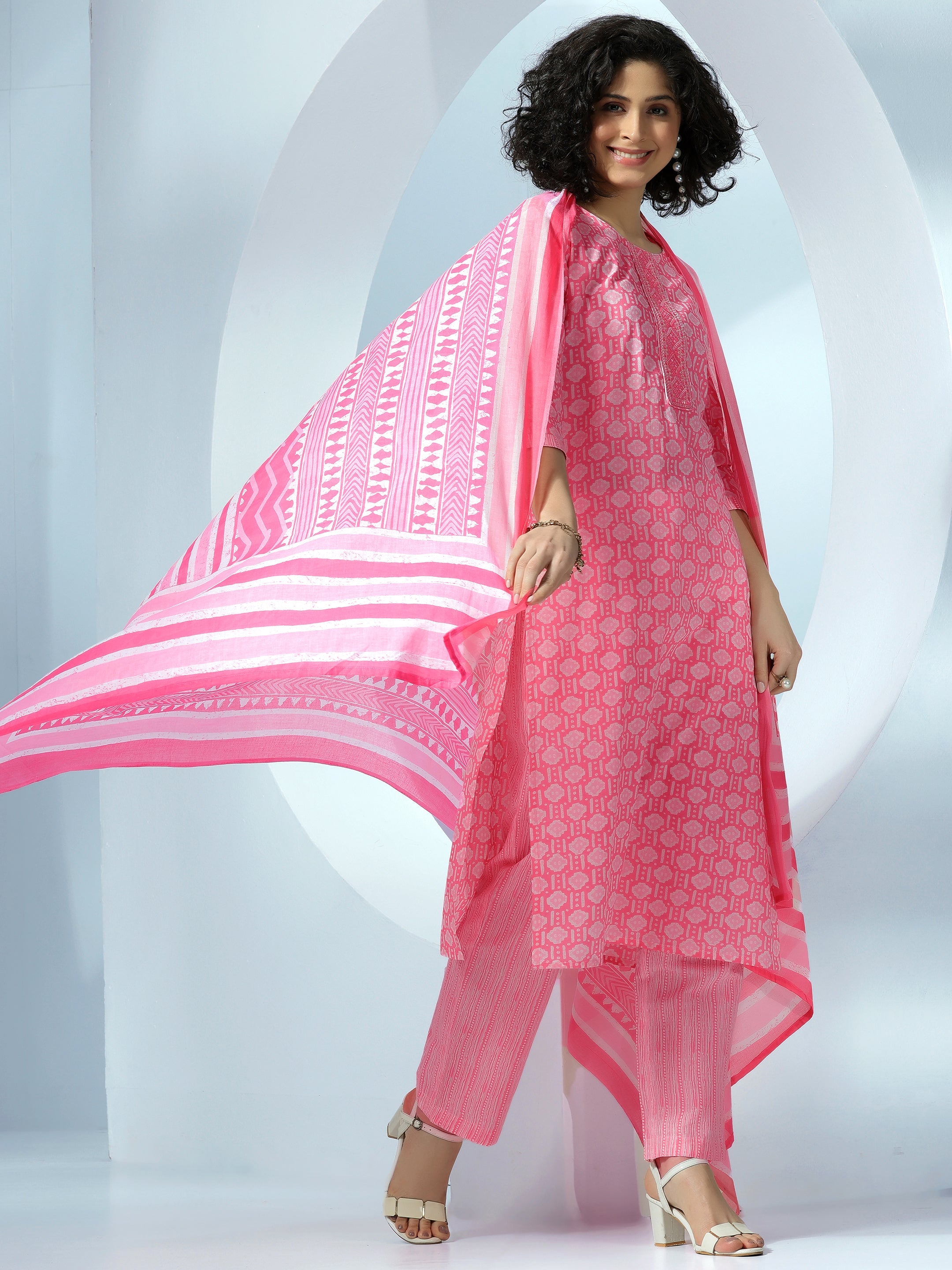 Pink Printed Cotton Straight Suit With Dupatta