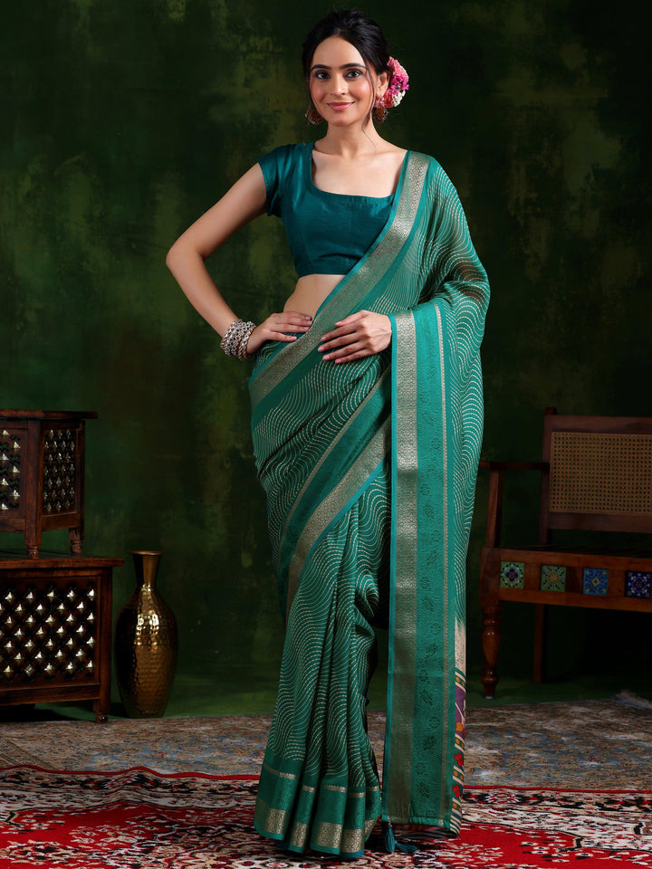 Green Printed Silk Blend Saree With Unstitched Blouse Piece - Libas