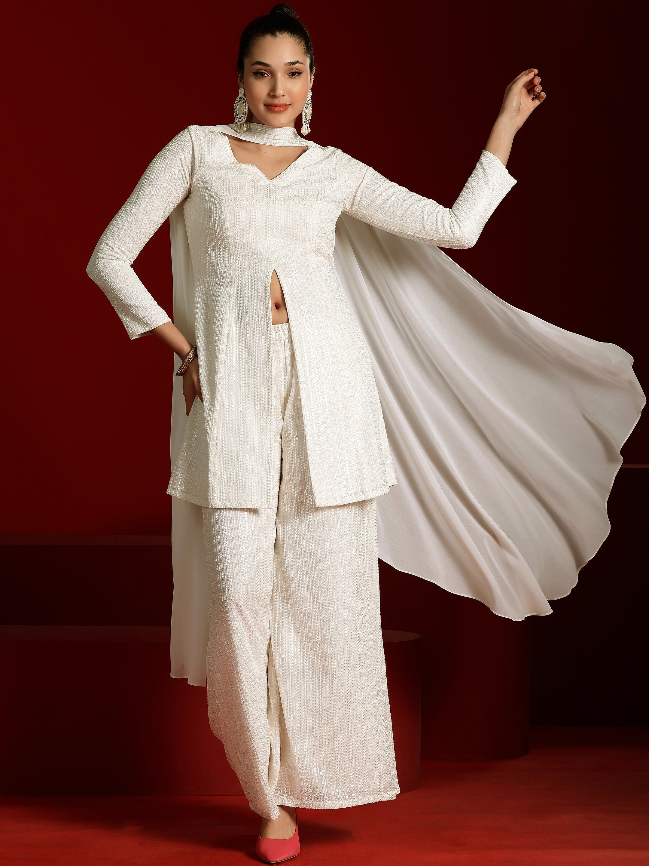 Libas Art Off White Embroidered Georgette A-Line Kurta With Palazzos & Dupatta