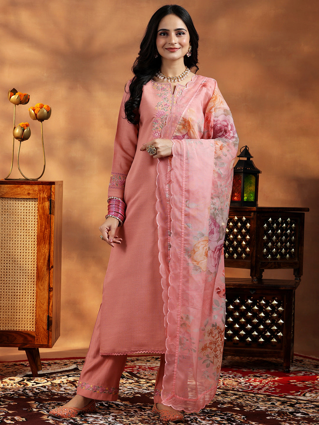 Peach Yoke Design Silk Blend Straight Suit With Dupatta